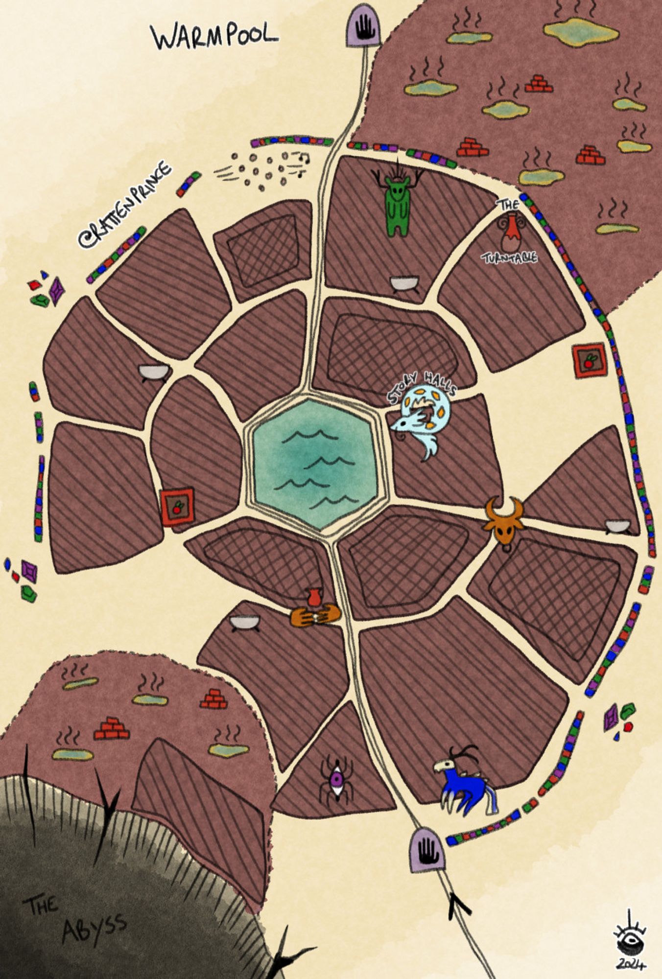 Digital illustration of a fantasy city map labelled "Warmpool", built around a hexagonal pool of water with geothermal pools to the top right and the bottom left which are cut short by a chasm labelled as "The Abyss". Other labelled areas are "The Turntable" indicated by an amphora and the "Story Halls" which are symbolised by a snake like dragon with many orange eyes along it's side.