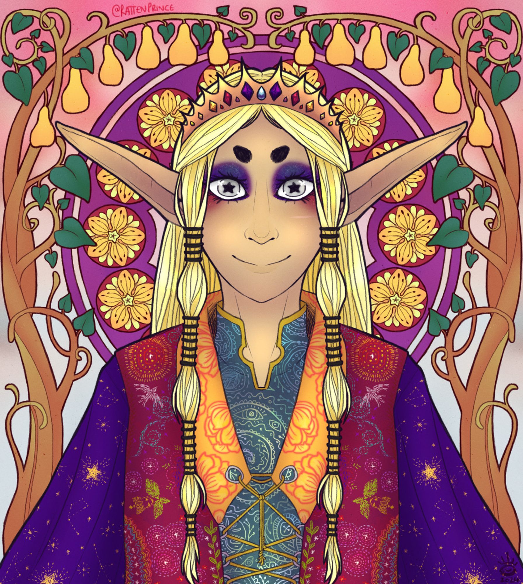 Digital illustration in an art nouveau style of an elf in colourful clothing and makeup. The background has a purple mandala with flower motifs haloing his head and thin trees with golden pear like fruit framing his figure.