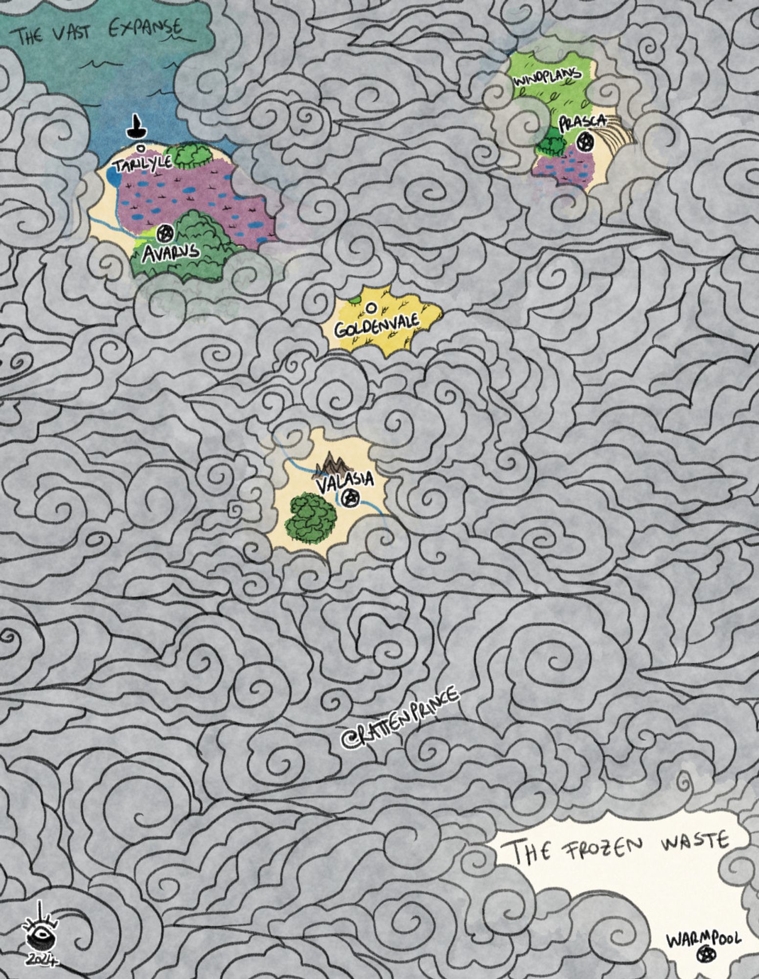 Digital illustration of a fantasy map covered in fog of war clouds with several clearings. At the top left is an ocean labelled "The Vast Expanse", a port town labelled "Tarilyle" near a small forest and purple swamp area with a much bigger forest and a town labelled "Avarus" in between the two terrains. A little below and to the right is a town labelled "Goldenvale" sitting in vast wheat fields. Above and to the right is a town labelled "Prasca" near fields, a small forest, marshland and a large canyon. Below Goldenvale is a town labelled "Valasia" below some jagged mountains and next to a forest. At the very bottom right is a town labelled "Warmpool" in a white space labelled "The Frozen Waste".