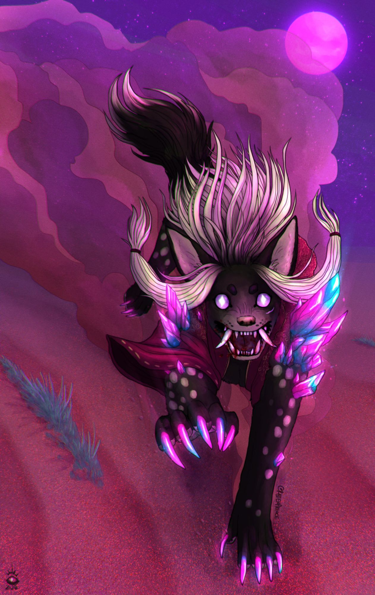 Digital illustration of a werehyena with glowing crystals sprouting from his arms and claws and bloodied teeth running over a desert landscape during a full moon at the viewer.