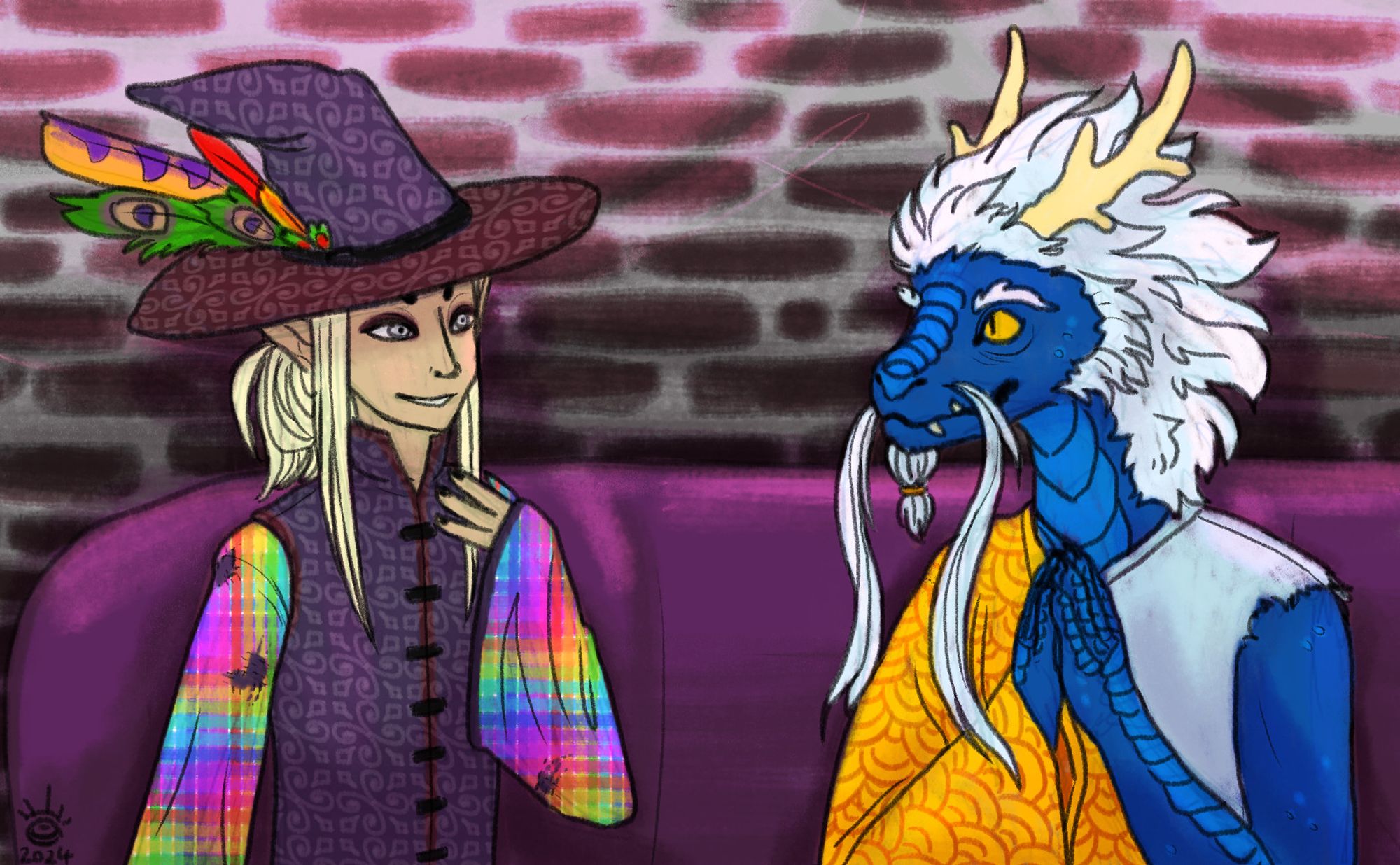 Digital illustration of an elf in colourful wizard clothing and a blue dragonborn monk with yellow robes sitting on a purple booth bench and talking.