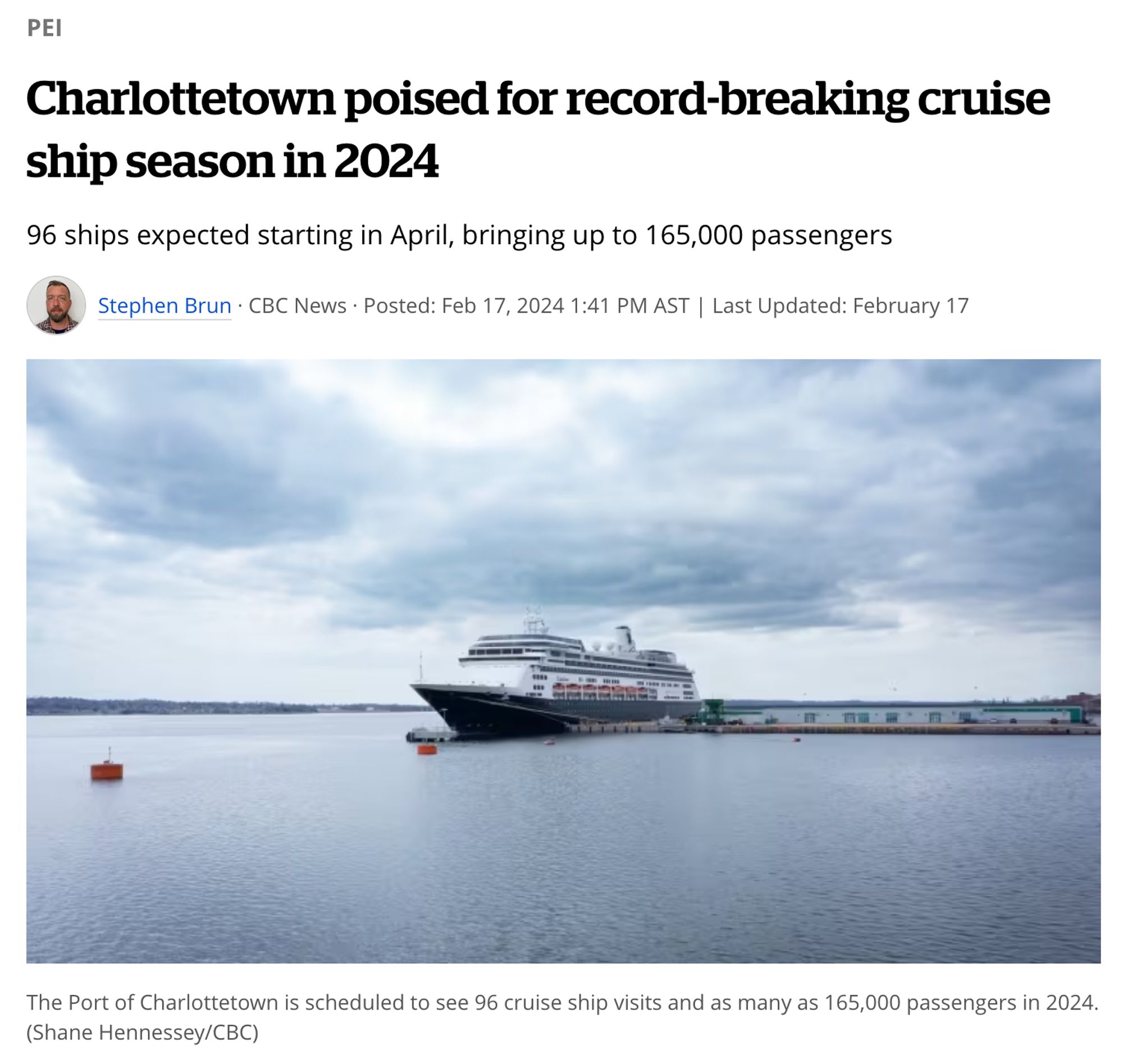 CBC PEI headline: "Charlottetown poised for record-breaking cruise ship season in 2024 / 96 ships expected starting in April, bringing up to 165k passengers" - photo of a cruise ship in Charlottetown