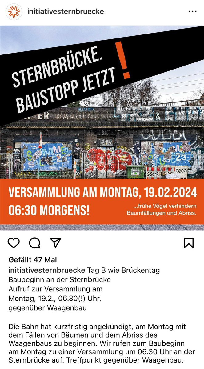 Plakat von Ini Sternbrücke
Versammlung am Montag den 19.2. an der Sternbrücke Schanze