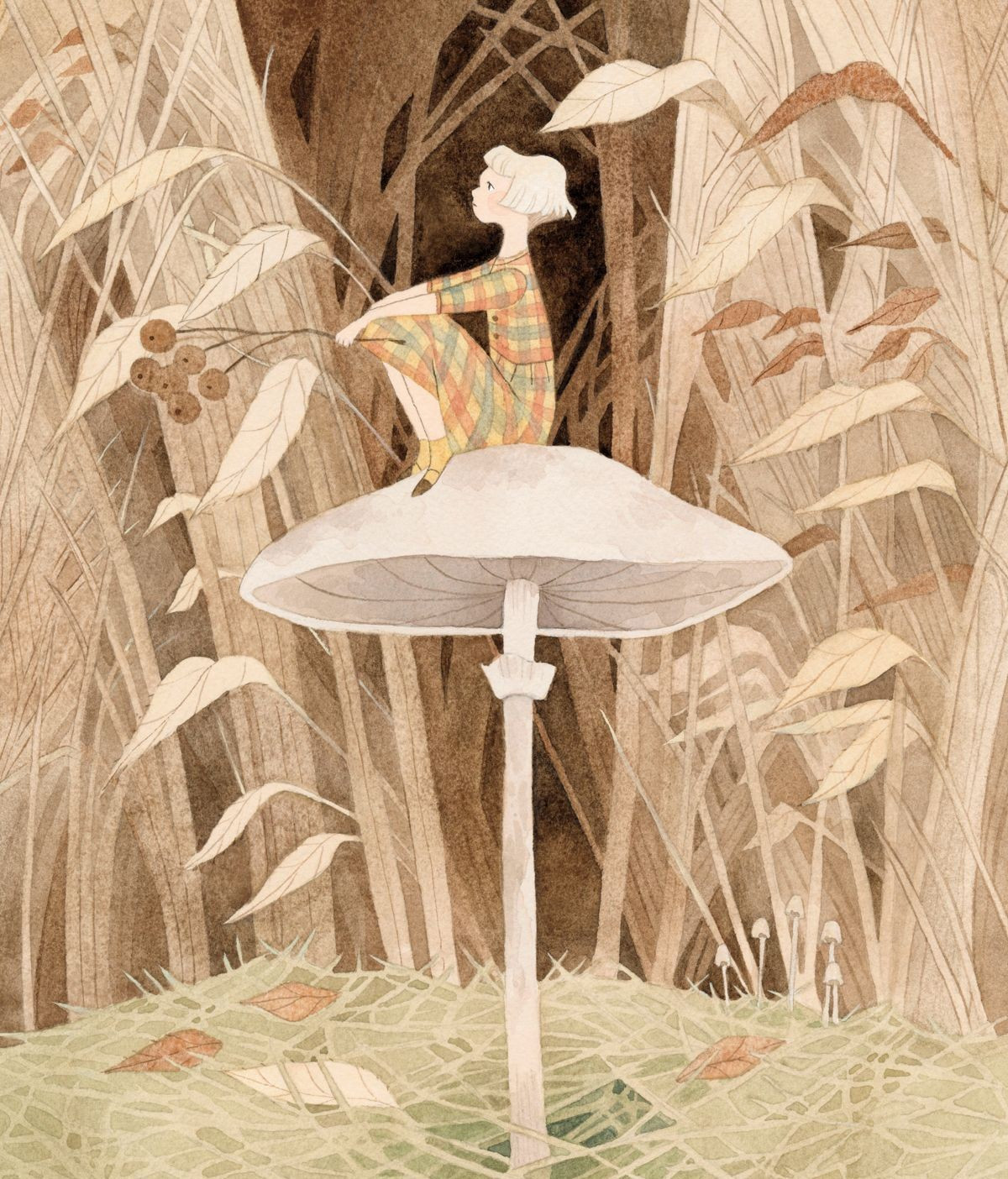 watercolor painting of a blonde girl in a plaid yellow dress sitting on top of a mushroom in front of dry grass holding a twig of dried berries