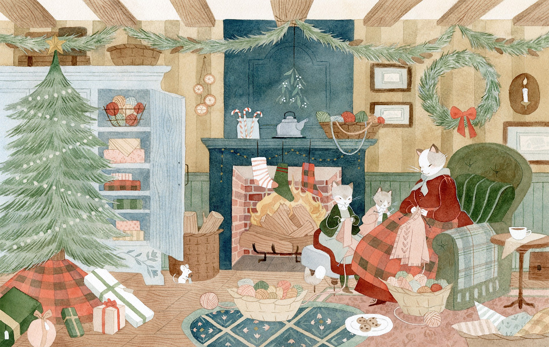 watercolor and gouache painting of a family of cats kintting amid a messy, christmas-y sitting room