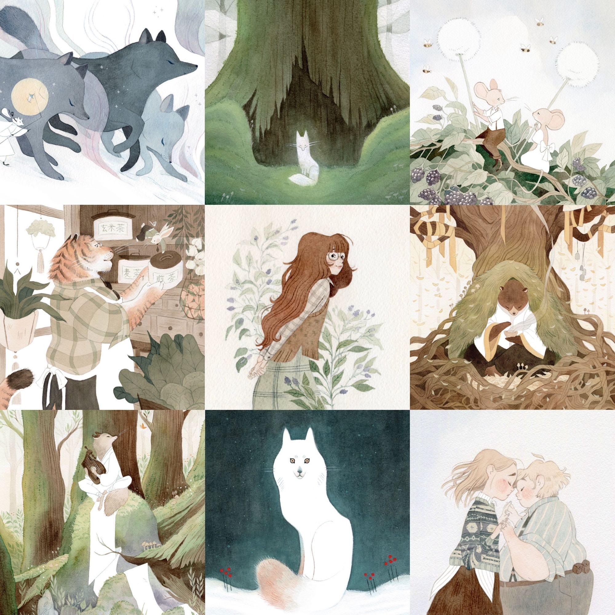 a series of watercolor and gouache paintings arranged in a square:  a magical piece of giant wolves, a glowy fox sitting in front of an old tree, two mice sitting with dandelions amid blackberry brambles, a tiger handing a jar of tea to a rabbit, a self portrait of the artist (she's a nerdy goober), a bear sitting with a cup of tea beneath a tree, a coyote holding a zither in a mossy forest, a white wolf sitting in the snow, and two kids holding hands