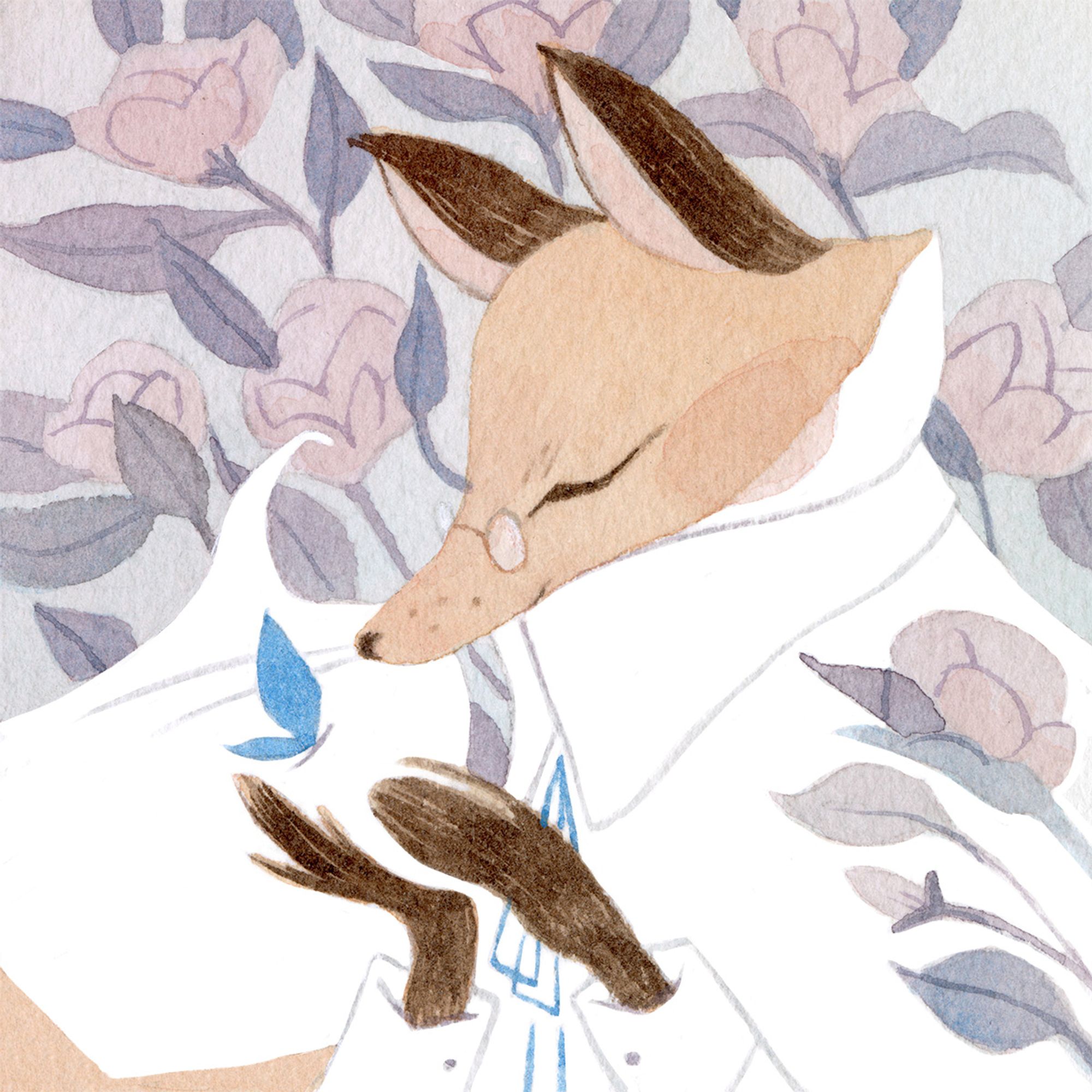 stylized gouache painting of an anthropomorphic fox amid a floral background cupping his hands around a bright blue butterfly