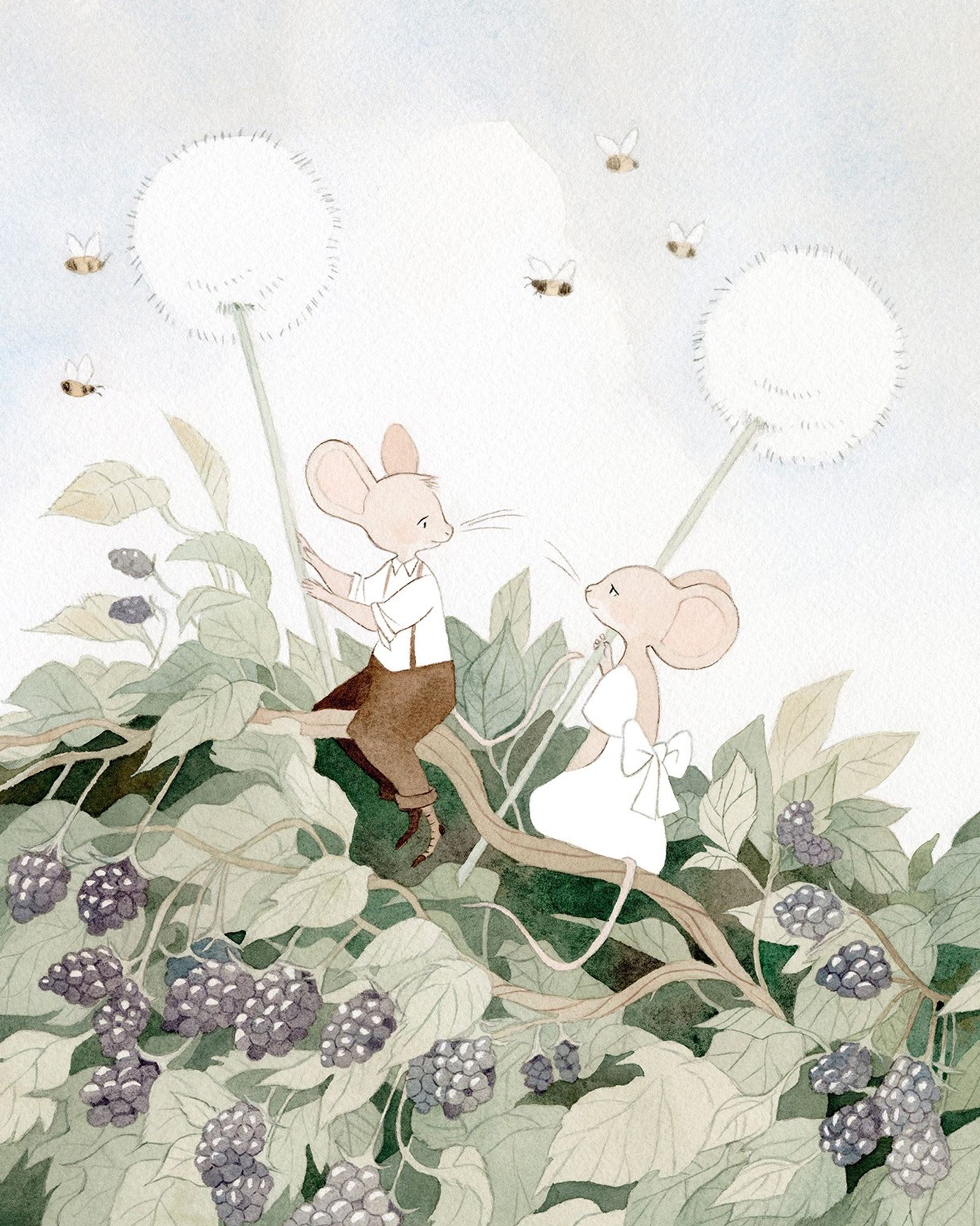 watercolor and gouache painting of two anthropomorphic mice sitting on a branch in a blackberry bush holding two dandelions while bees buzz around them.  The mice are both dressed in vintage-y clothes and are looking at each other with affection, like young love