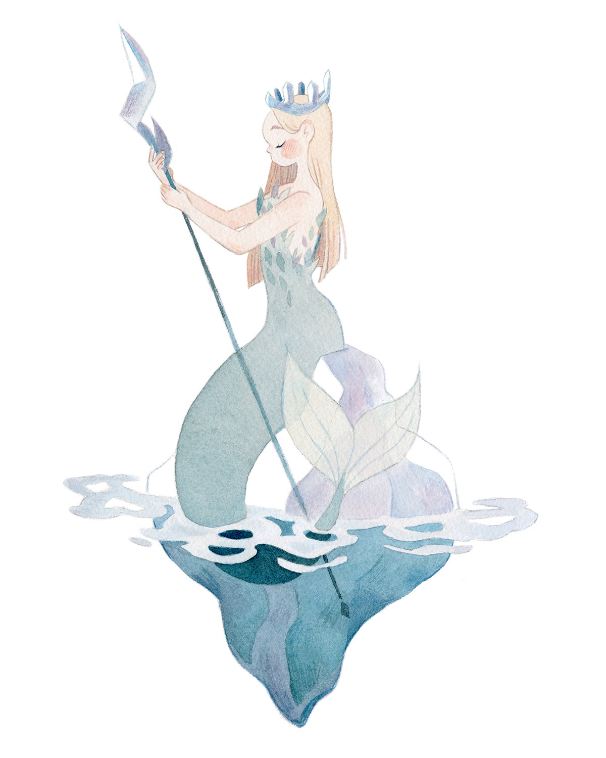 gouache painting of a pale-skinned, blonde mermaid sitting on a block of ice, holding a staff of ice and wearing a crown of ice.