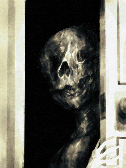 a corpse peeking out of a partially open doorway