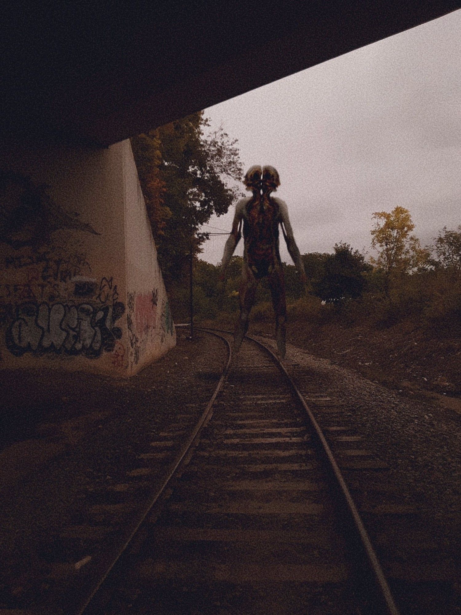 a man floating over train tracks, split in half down the middle