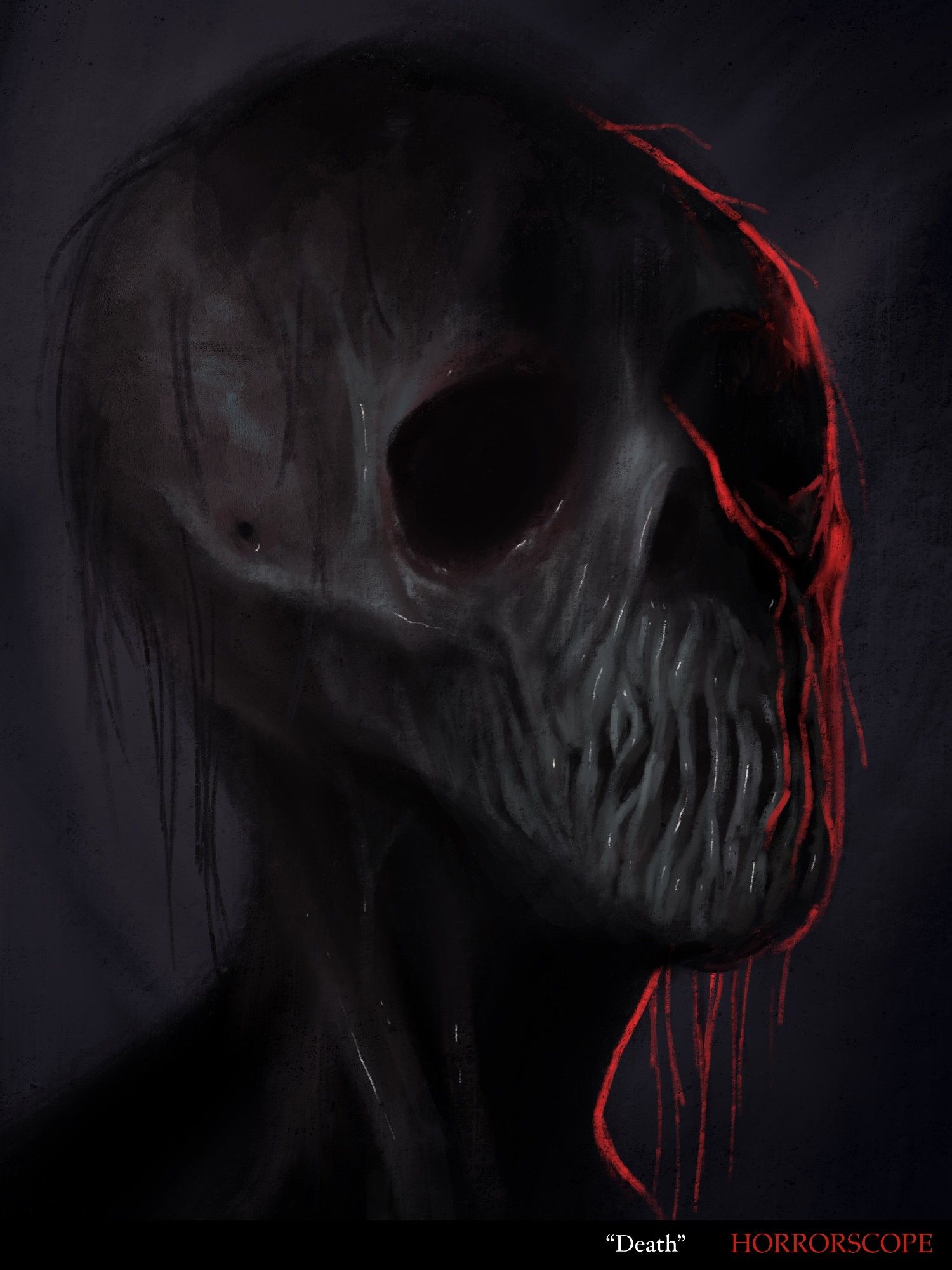 An emaciated figure with empty eye sockets and a skull like face. its mouth is grown over with root like tendrils