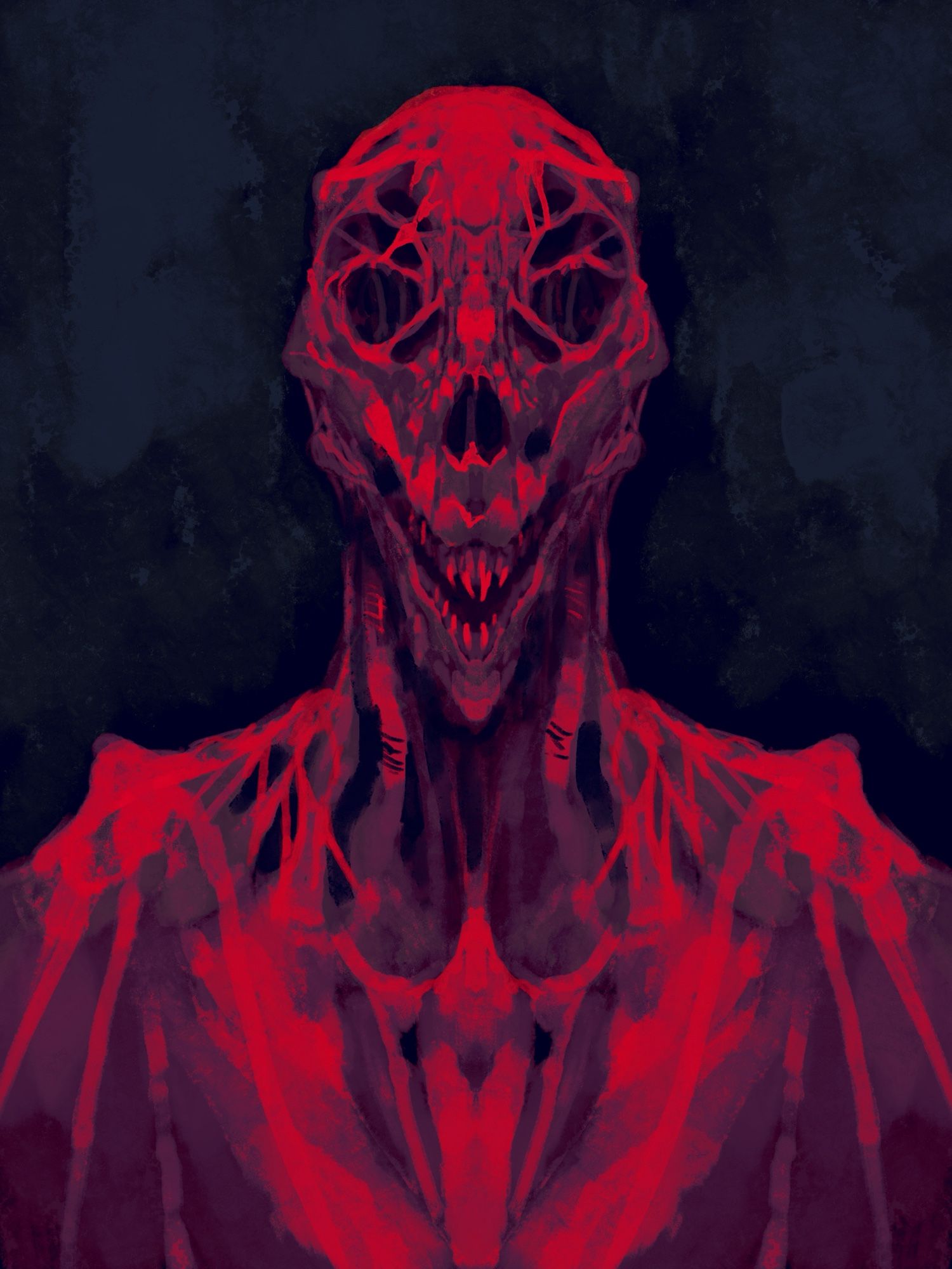 A skeletal humanoid bat kind of creature, rendered in neon reds and purples