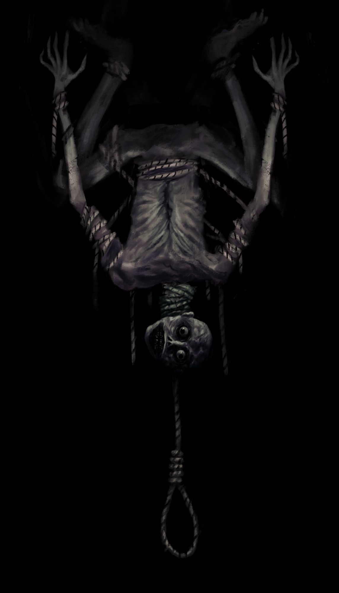 the full body of an upside down, crouching figure. a noose dangles from its neck.