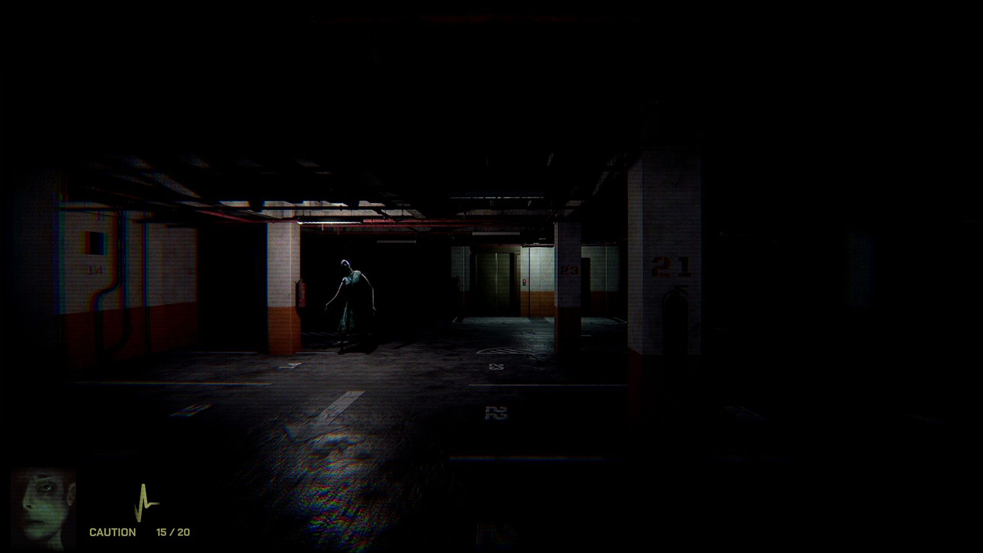 a ghostly woman lurks in a parking garage