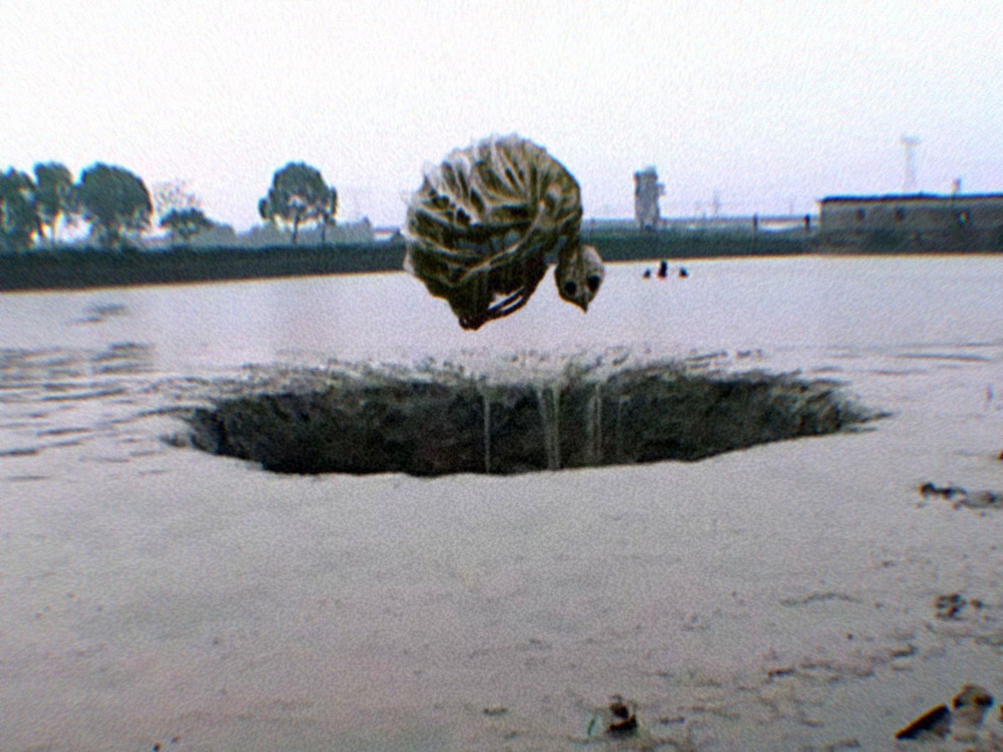 A skeletal creature, rolled into a ball, rises into the air from a hole in a body of water