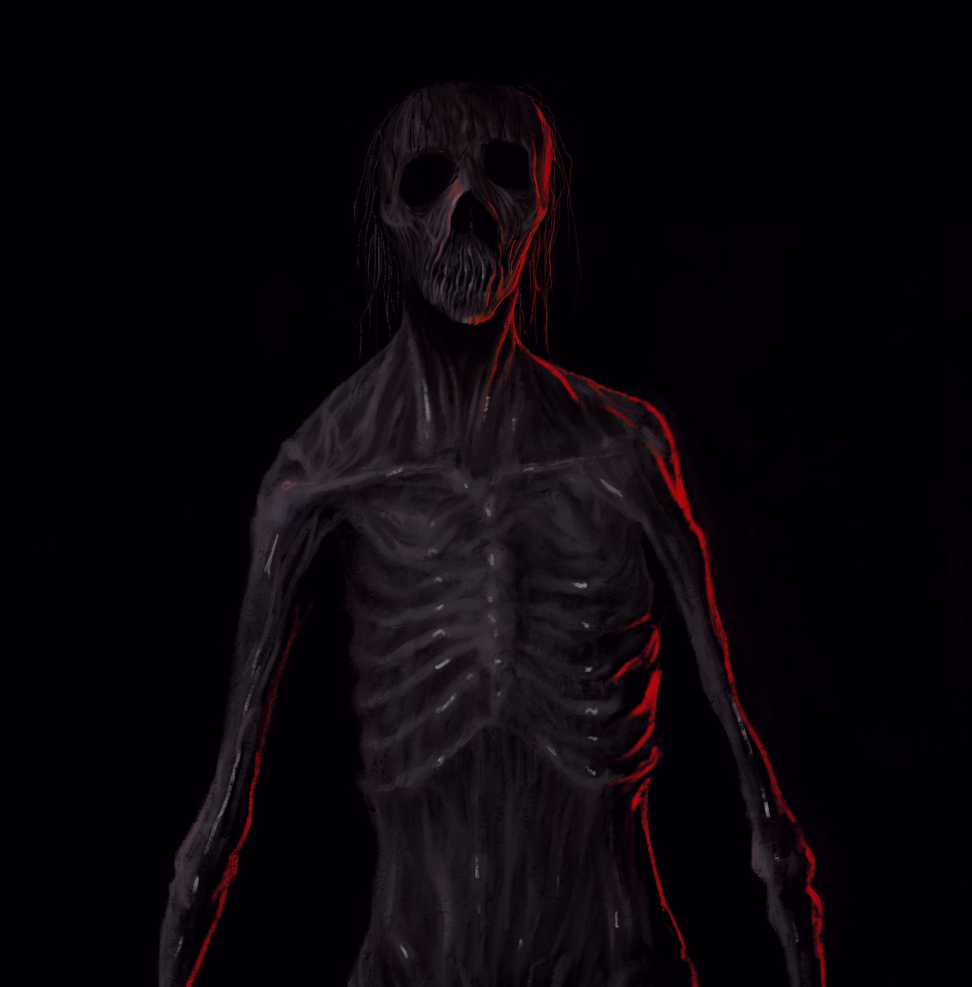 An emaciated figure with empty eye sockets and a skull like face. its mouth is grown over with root like tendrils. It's lit by an eerie red light