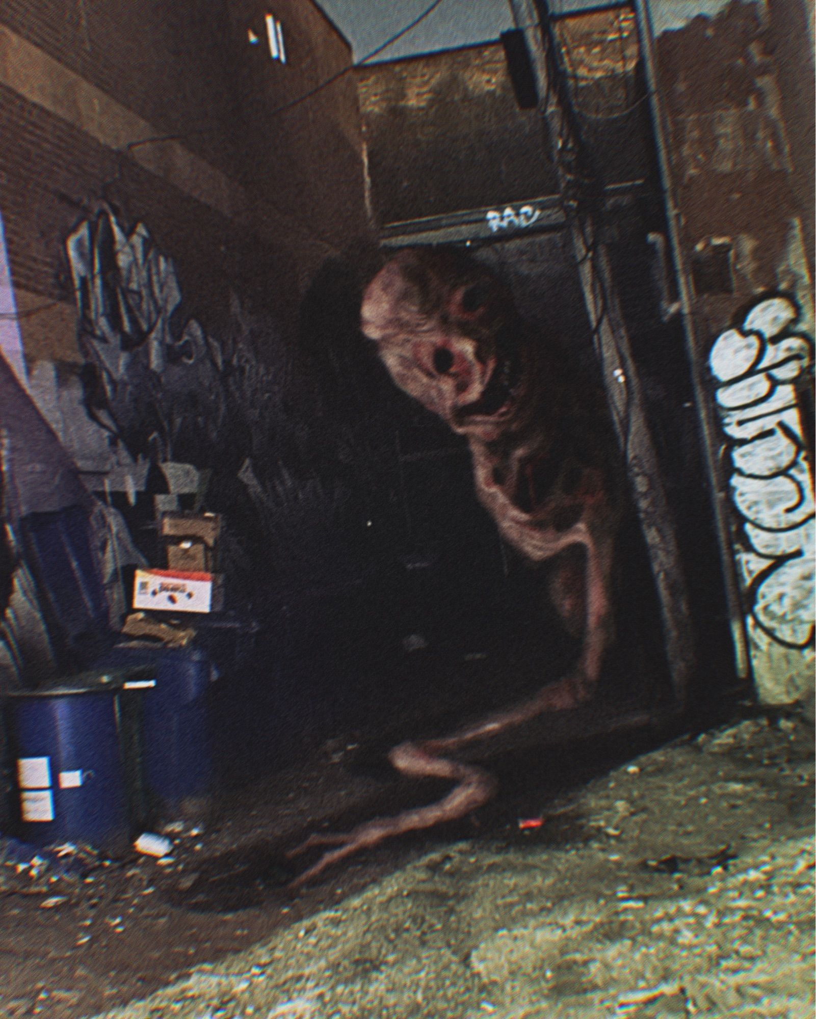 A fleshy, wormy monster lurks in a back alley. It has no eyes and a big empty grin and looks infected overall. A long, boneless arm is stretched out on the ground.