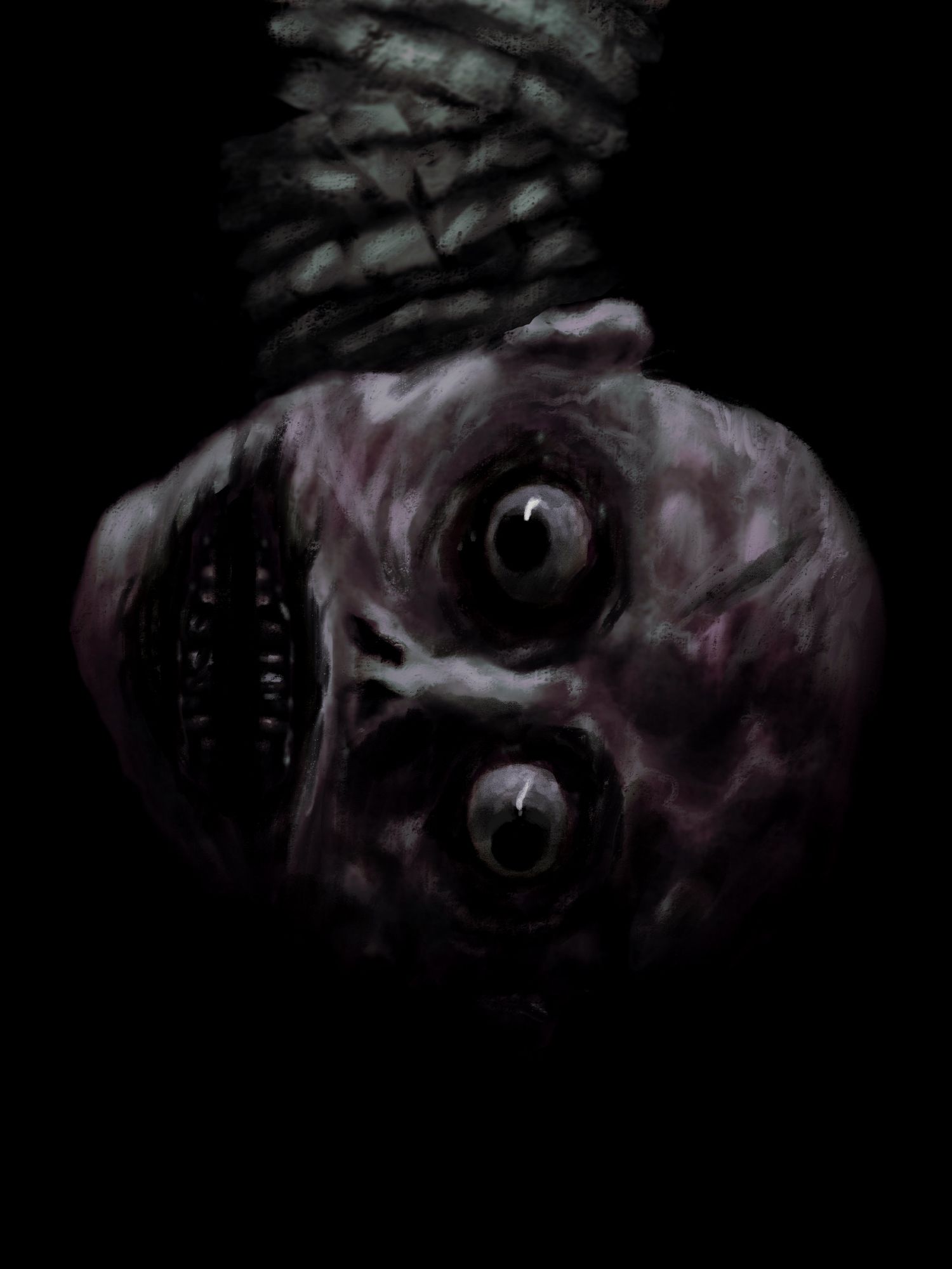 A weird bald monster face, its neck wrapped in rope. its eyes bulge out in slightly different directions.