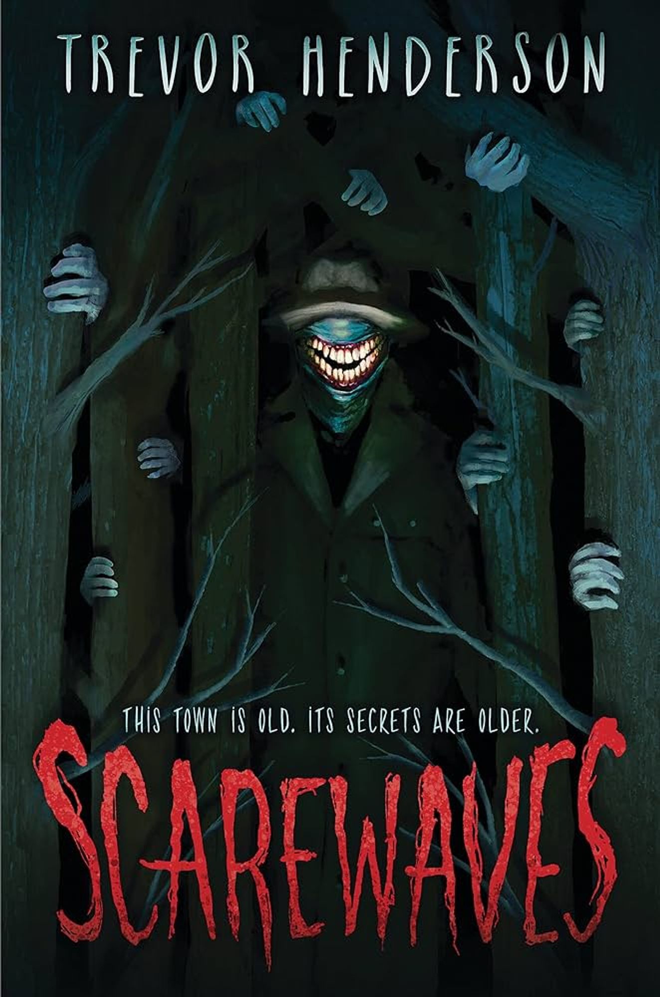 the cover to scarewaves 1, a monster with a giant mouth lurks in the woods, lots of hands on the trees