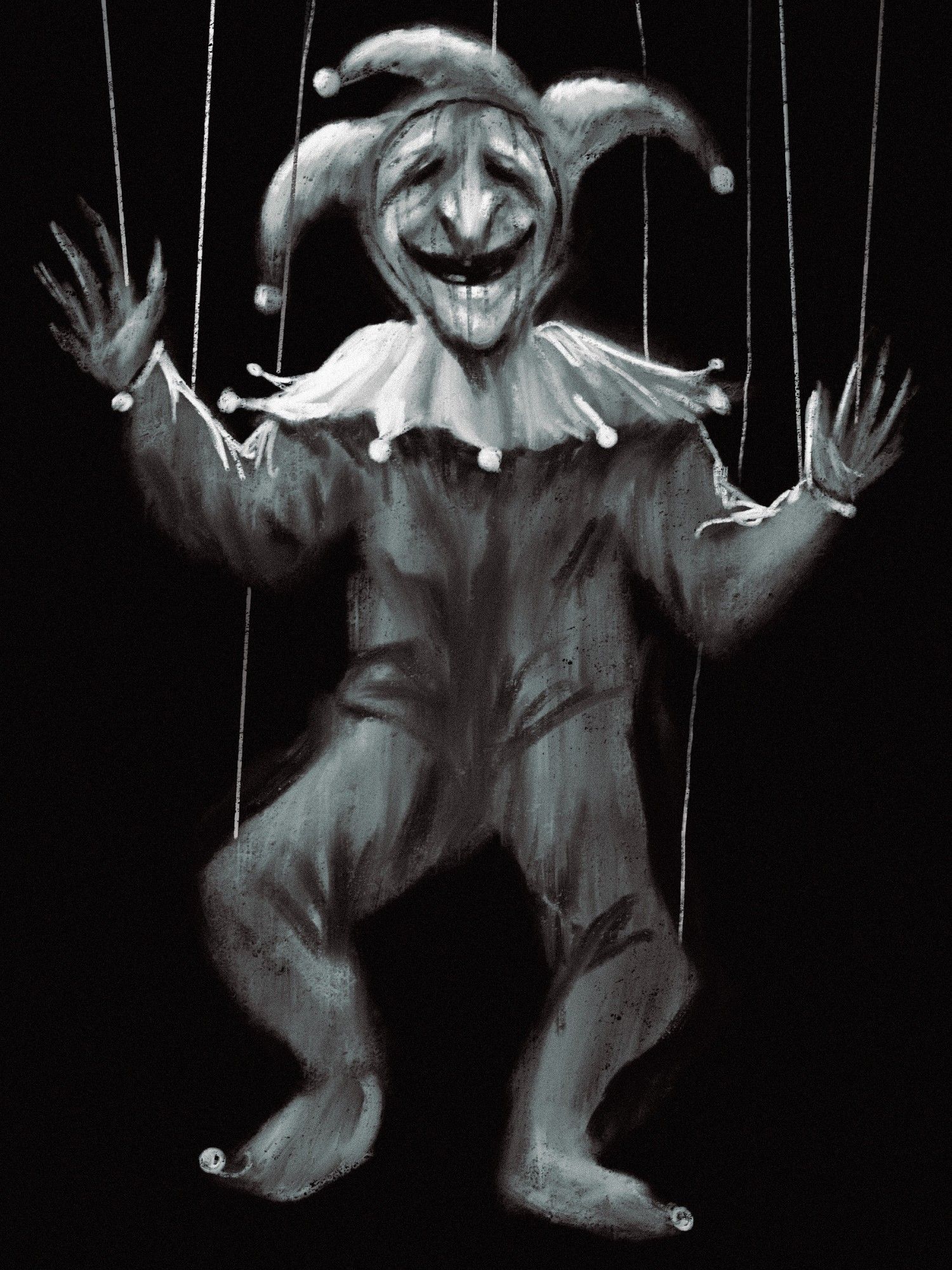 a grey-scale version of the jester with puppet strings and a wooden mask