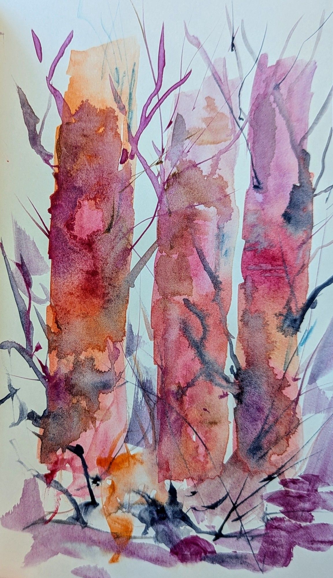 Aquarell: Abstrakte Baumstämme in pink, lila und orange