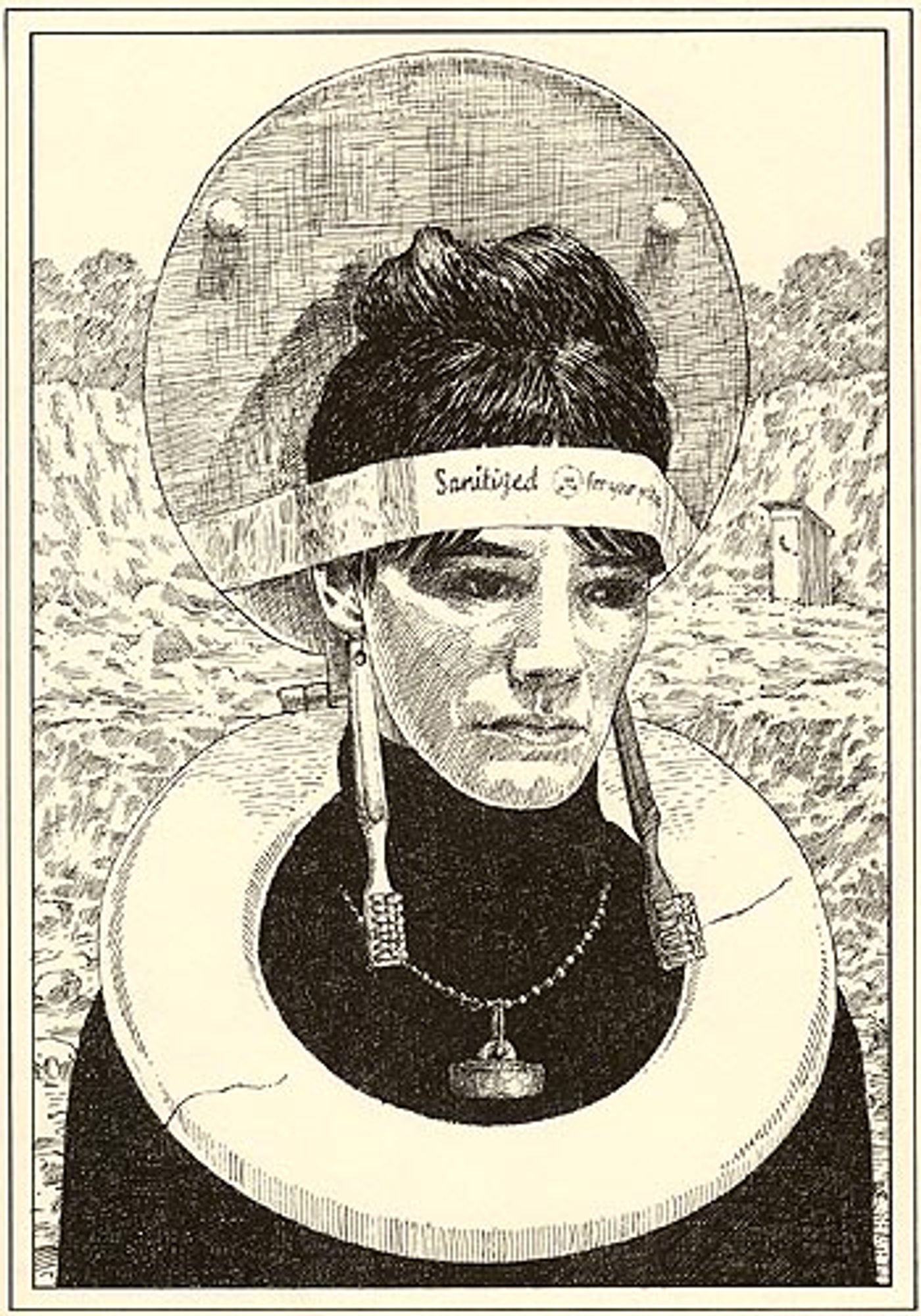 Drawing of a woman wearing a toilet seat as a headdress with toothbrushes as earrings.