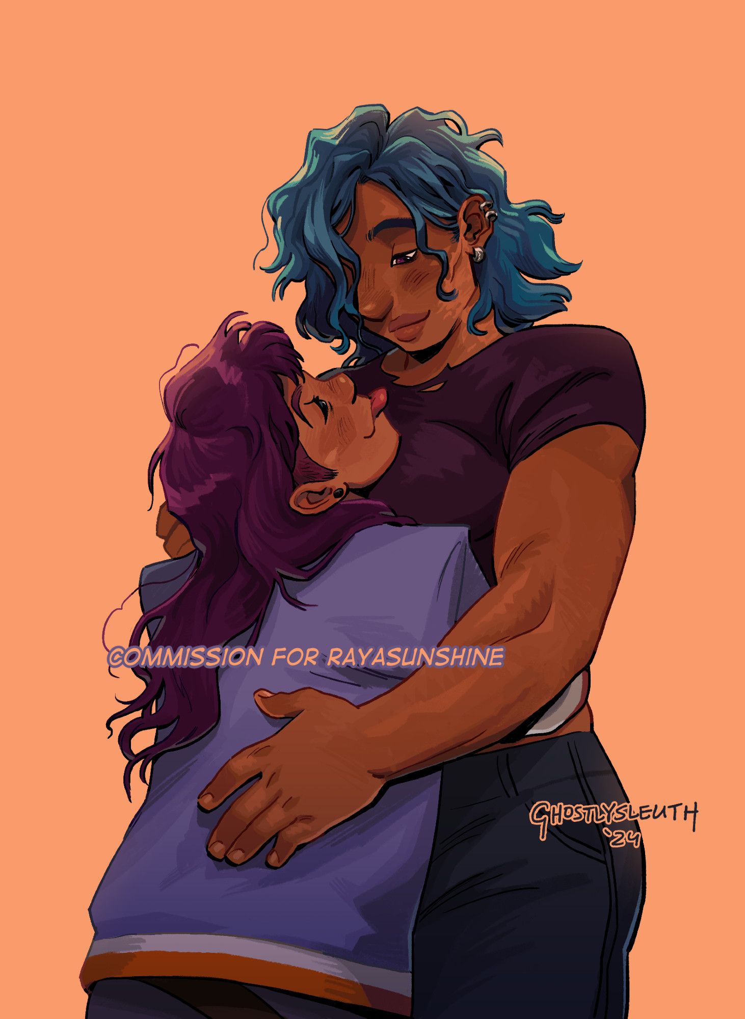 A commission for RayaSunshine. A vertical piece of a sapphic couple, embracing. The taller of the two is tan and buff, with messy, shoulder-length blue hair, three earrings (one in their lobe and two in the helix), and a loving look towards their lover. They wear a dark purple T-shirt which is torn at the collar and has very short sleeves. The shorter of the two is also tan, resting their chin upon their lover's chest and sticking their tongue out at them. They have long purple hair, with a slight undercut for sideburns, a single puck-shaped earring in their lob, and are wearing a lavender varsity-style jacket.