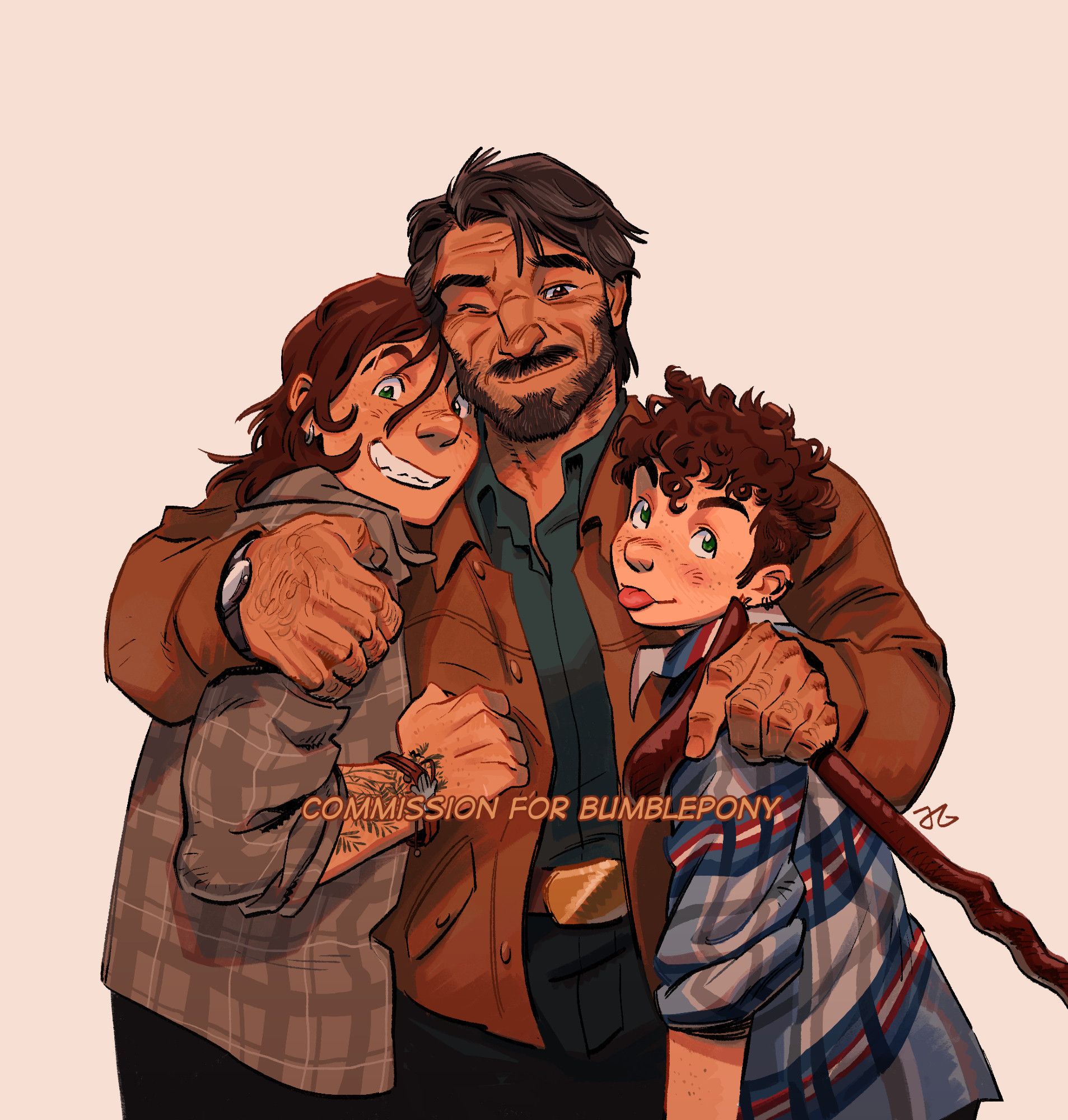 A commission for Bumblepony, a fanart illustration featuring the characters Ellie and Joel from The Last of Us, along with the client's original character. All three are smiling and are posed as if taking a photo, with Joel in the middle of the two other characters with his arms wrapped around both. Joel is an older man, with mid-length dark graying hair and sporting a similarly colored beard and mustache. He wears a deep forest green button under a tan coat, dark pants, and a belt with a golden belt buckle. He holds a chestnut-colored cane in his left hand. Ellie is on his right side (left to the viewer), leaning into his side with a broad, toothy grin and a balled-up hand pressing into his front, reddish-brown shoulder-length hair with fringe falling in her face, and a silver loop piercing in her ear. She's wearing a tan flannel shirt, rolled up her to elbows, a fern tattoo on his forearm and a leather corded bracelet on her wrist with a silver charm of the Hamsa symbol. The original