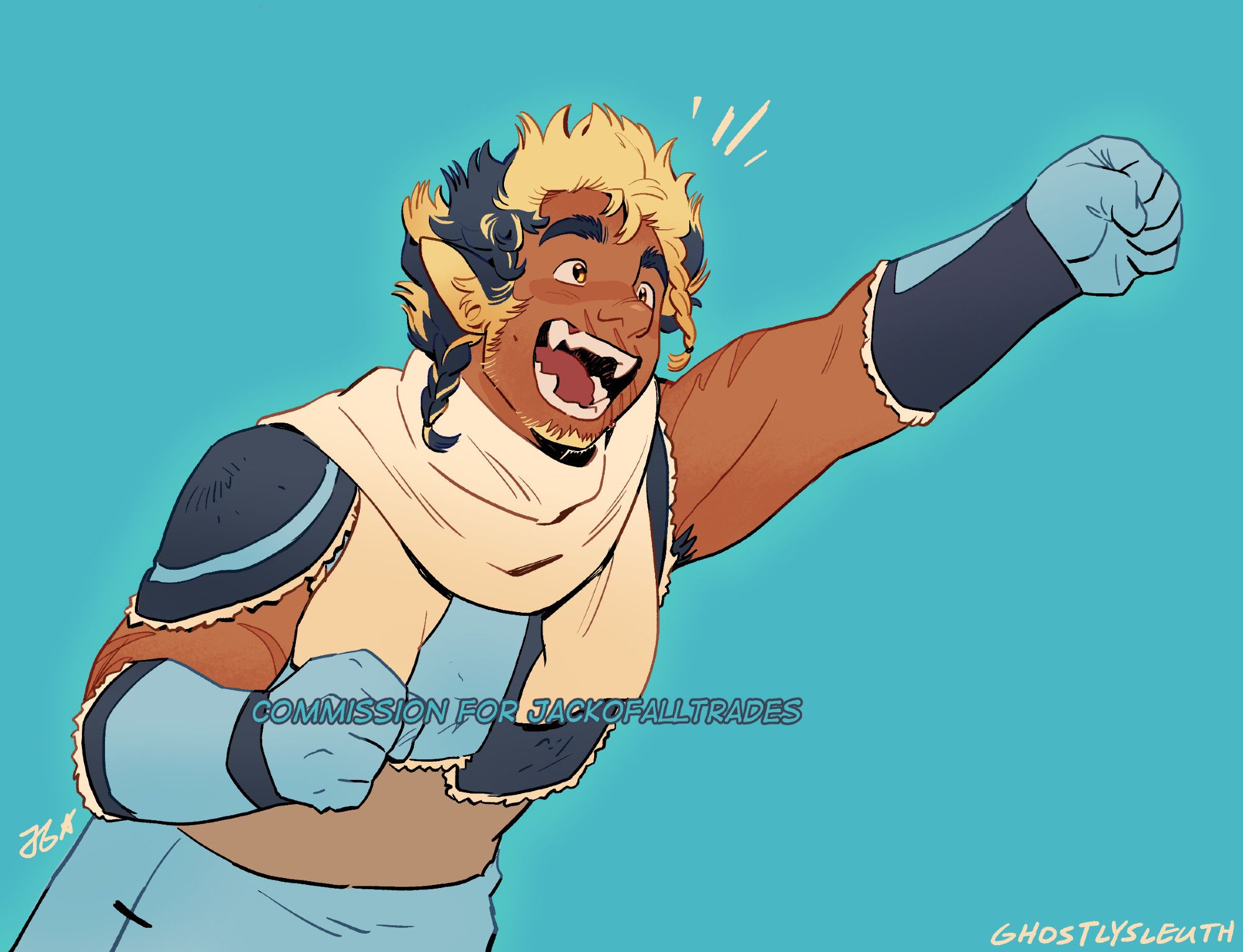 A commission for JackofAllTrades, featuring a young tan man, in a celebratory fist-pumping position toward the right of the screen. The character has bright eyes, spiky navy and blonde hair, bushy eyebrows, and several scars across his smiling mouth. He wears a cream-colored scarf over armor-like clothing that is both sky blue and navy blue, consisting of a single shoulder pad on his right shoulder and dual gloves that extend up to his elbows.