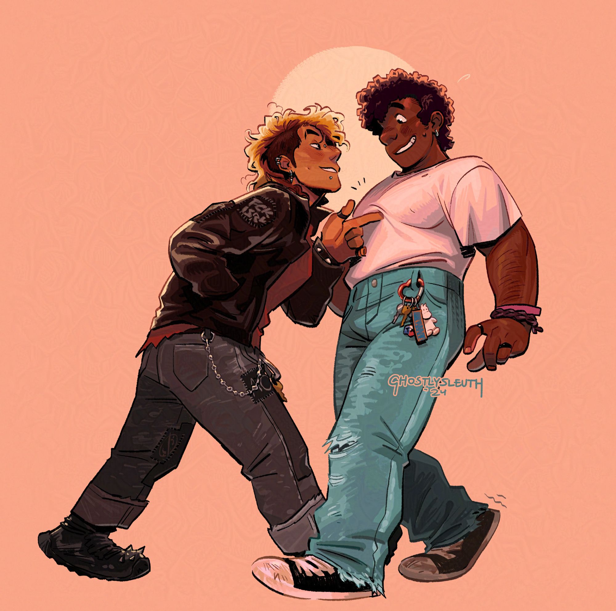 The illustration features two butch lesbians facing one another against a light pink background; the one of the left is an Asian punk with a long, dyed mohawk-type hairstyle, leather jacket, scuffed jeans - both with several patches including one that says "Fuck Israel" - spiked boots, and several other black and spiked accessories. They are in close proximity to the other butch and pokes a finger into their chest. The other butch is Black, taller, and chubbier, and they're wearing a white shirt tucked into jeans that are scuffed at the knees and ends and have a heart-shaped carabiner with several accessories on it, and a pair of black chucks.