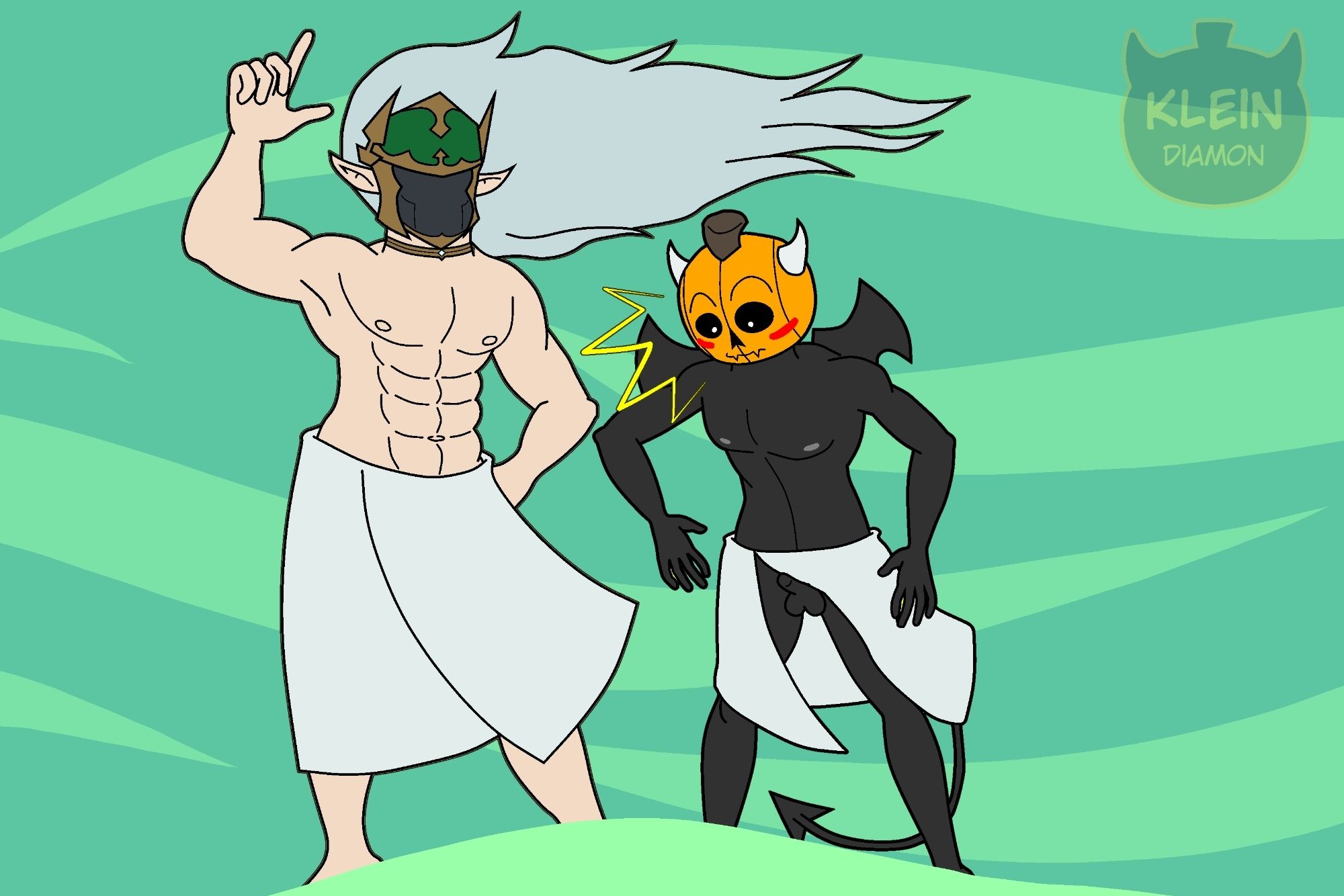 Kazen and Klein are standing next eachother on a blank green background, both nude aside from bath towels wrapped around their waists. A strong light-green gust of wind blows by, riding up Klein's towel enough to expose his small, erect dick. He looks down with an shocked, red-faced expression. Kazen holds up one of his hands, almost as if he's using some form of spell. Hmmm...