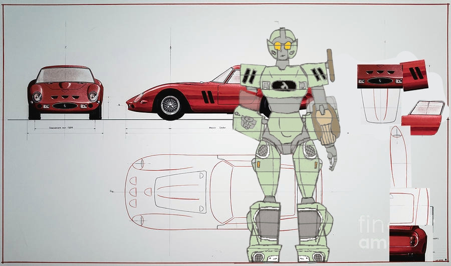 Lens in front of a diagram for the vehicle she turns into on Earth. Beside her the diagram has been photoshopped into an approximation of her robot mode to study proportions.