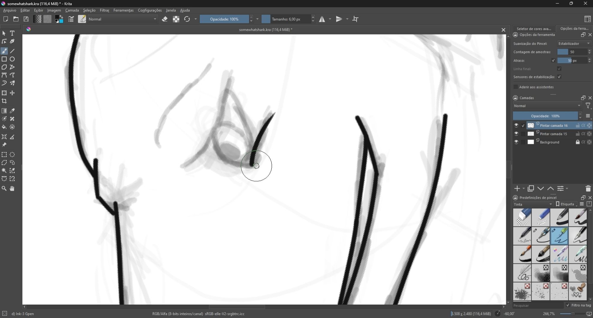 Print screen of Krita software with an unfinished drawing of an anthro shark.