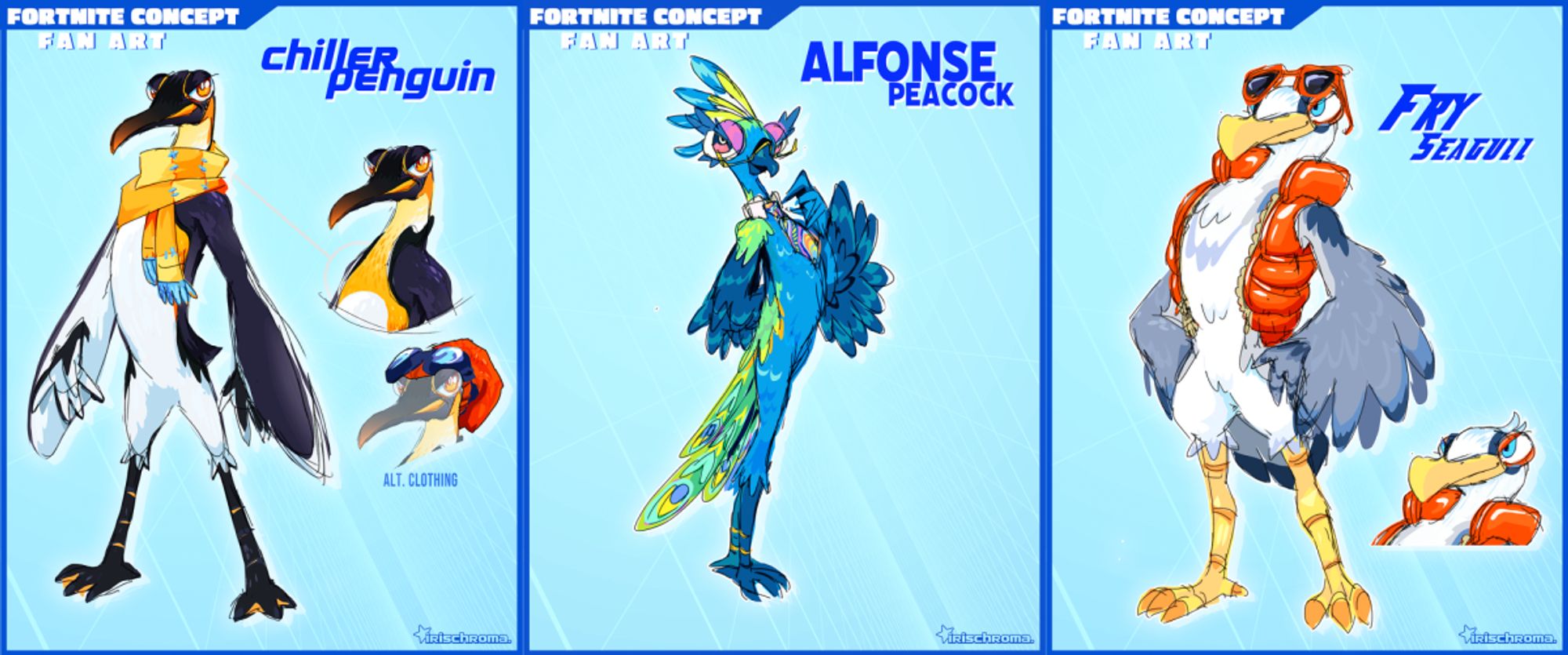 A trio of Fortnite fanart concepts. The first is a penguin, named chiller. They wear a scarf, or even a beanie and goggles. The next is Alfonse the Peacock. He wears glasses, and a necktie. The character to the rightmost side is Fry the Seagull- he wears a large pair of sunglasses and a puffy red vest.