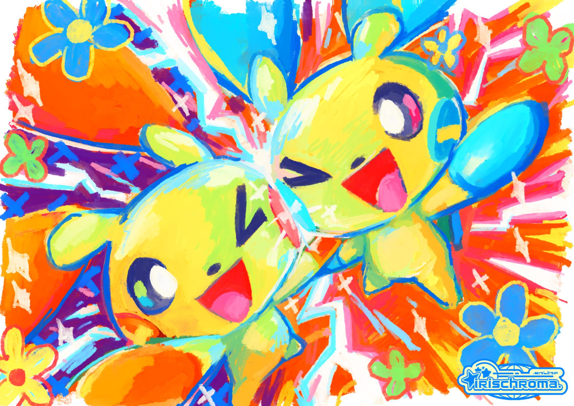 Two Pokemon, Plusle and Minun, smoosh their cheeks together to create a large electric spark. There are various flowers and sparkles around them, creating a graphic effect.