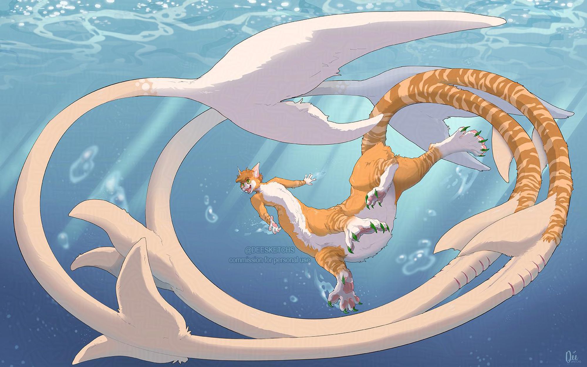 a centaur like character, with the upper body and lower body of a tabby orange cat, with a tail that splits into two furry and very long shark tails, swimming happily in the ocean