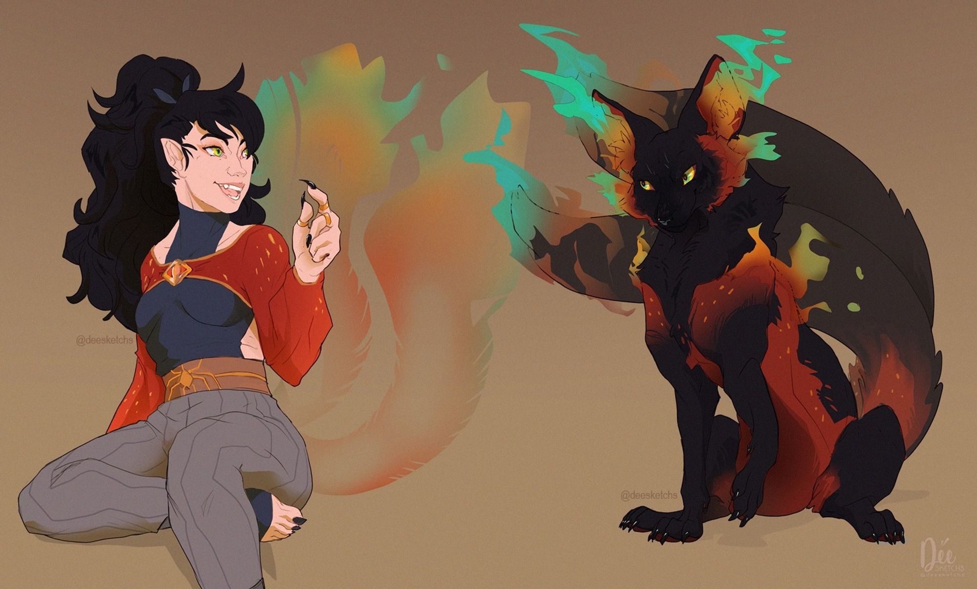 An image showing two forms of the same character. On the left, you can see a girl with long and abundant black hair smiling; her long nails, pointy fangs and eyes giving her a bit of a animalistic look. On the right there's a black two-tailed fox with reddish accents; the tip of her tail and ears engulfed in what looks like to be fire.