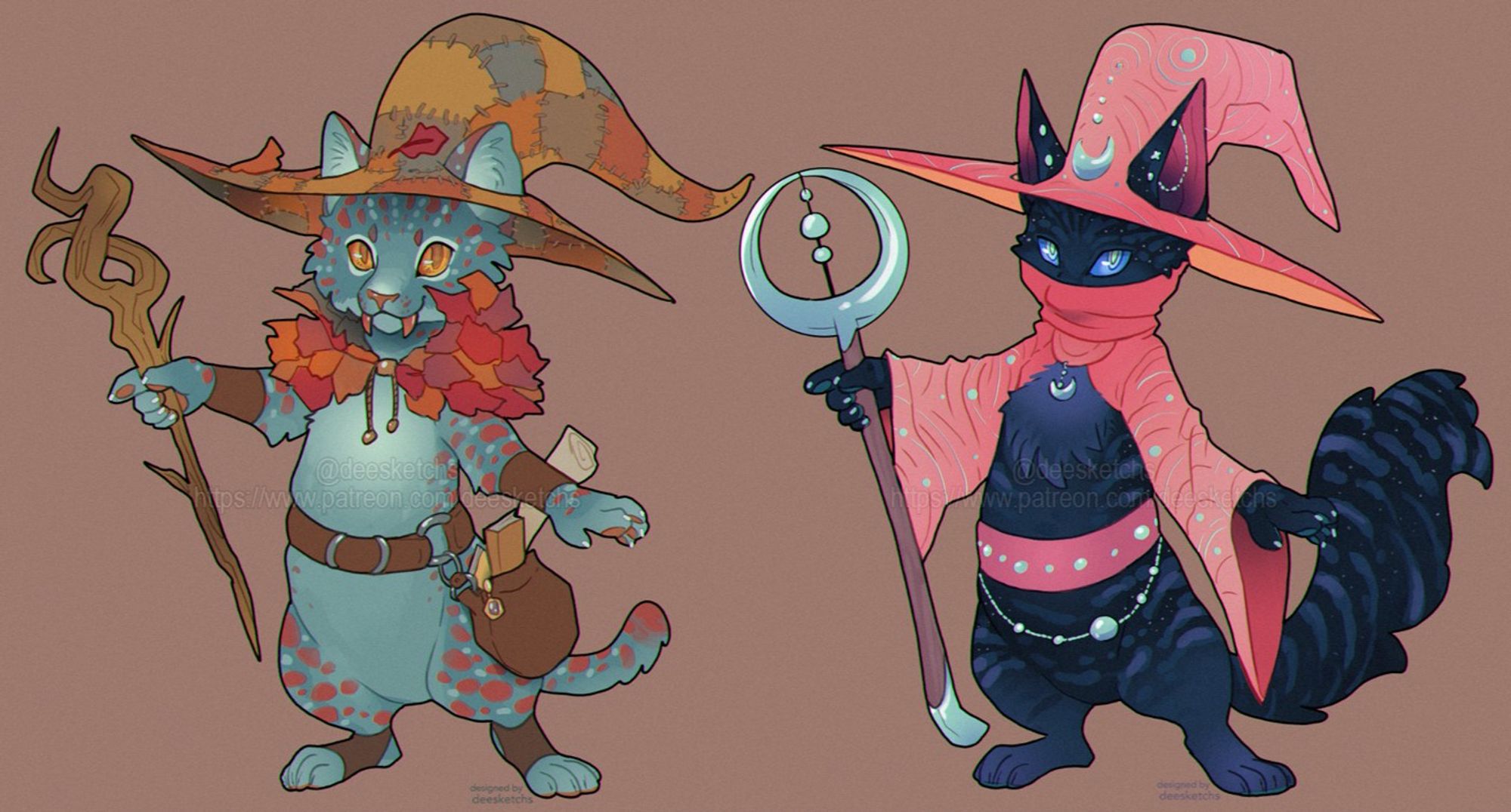 two anthropomorphic, cutesy cats holding a staff each and wearing witch outfits. The one on the left has a greyish-teal colored coat with red and light spots, its outfit themed around the concept of autumn. The cat on the right is a very dark indigo, with clear stripes resembling a cloudy night, its outfit pink with silver accents.