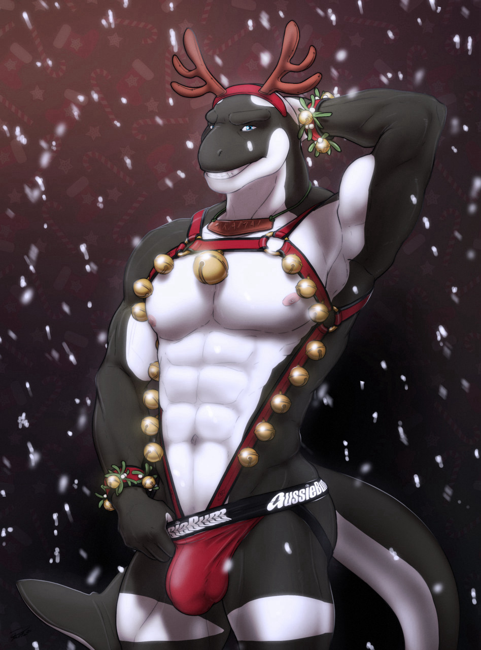 Akamai, a muscle sexy handsome orca stud wearing harness, fake reindeer horns and a red jockstrap. He try to become Santa’s new reindeer