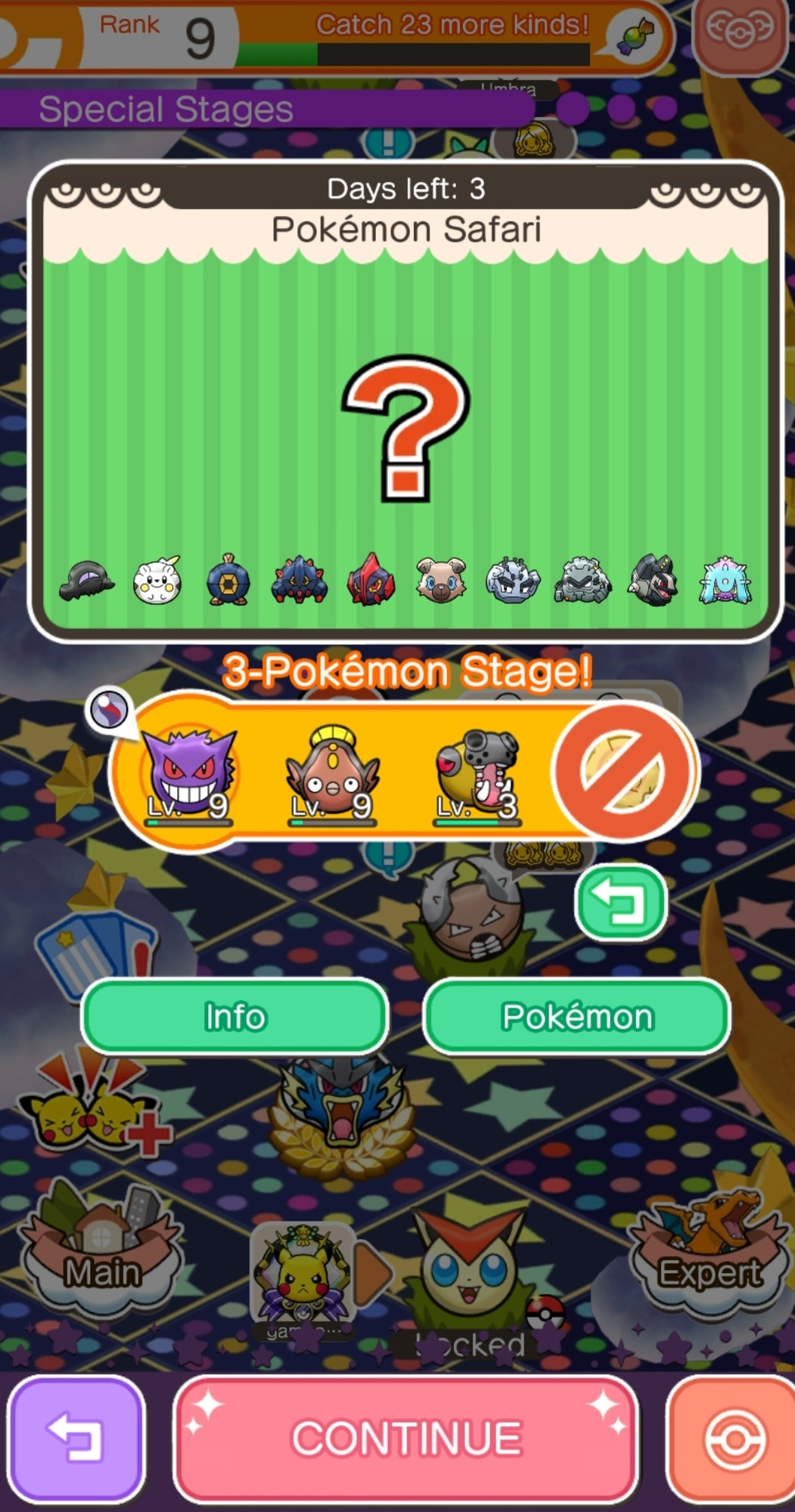 Safari de Salandit, Togedemaru, Roggenrola e todas as suas evoluções, Rockruff, Geodude de Alola e todas as suas evoluções e Mareanie completo no Pokémon Shuffle.