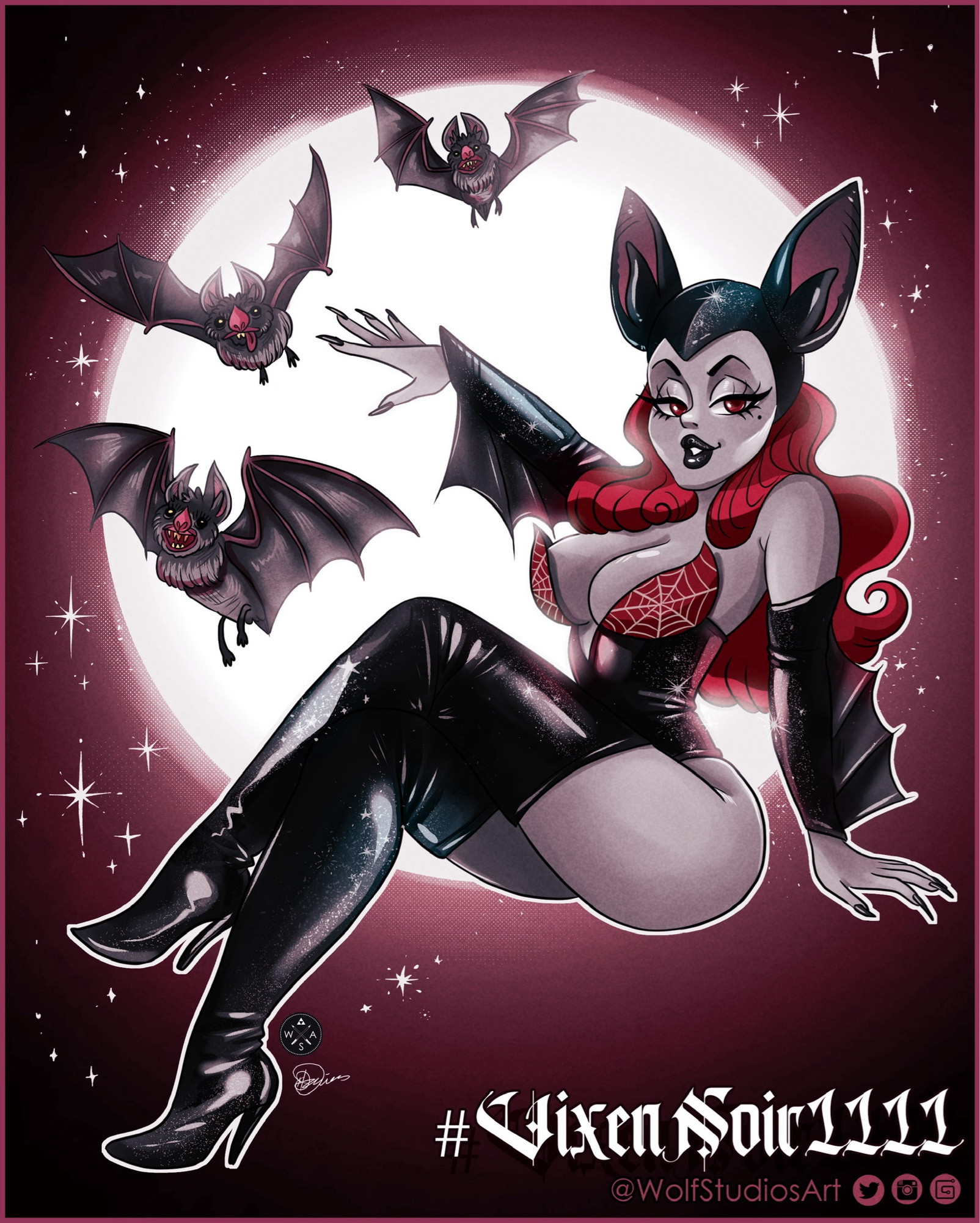 A cute bat lady with red hair and thigh high latex boots surrounded by three ugly but adorable bats