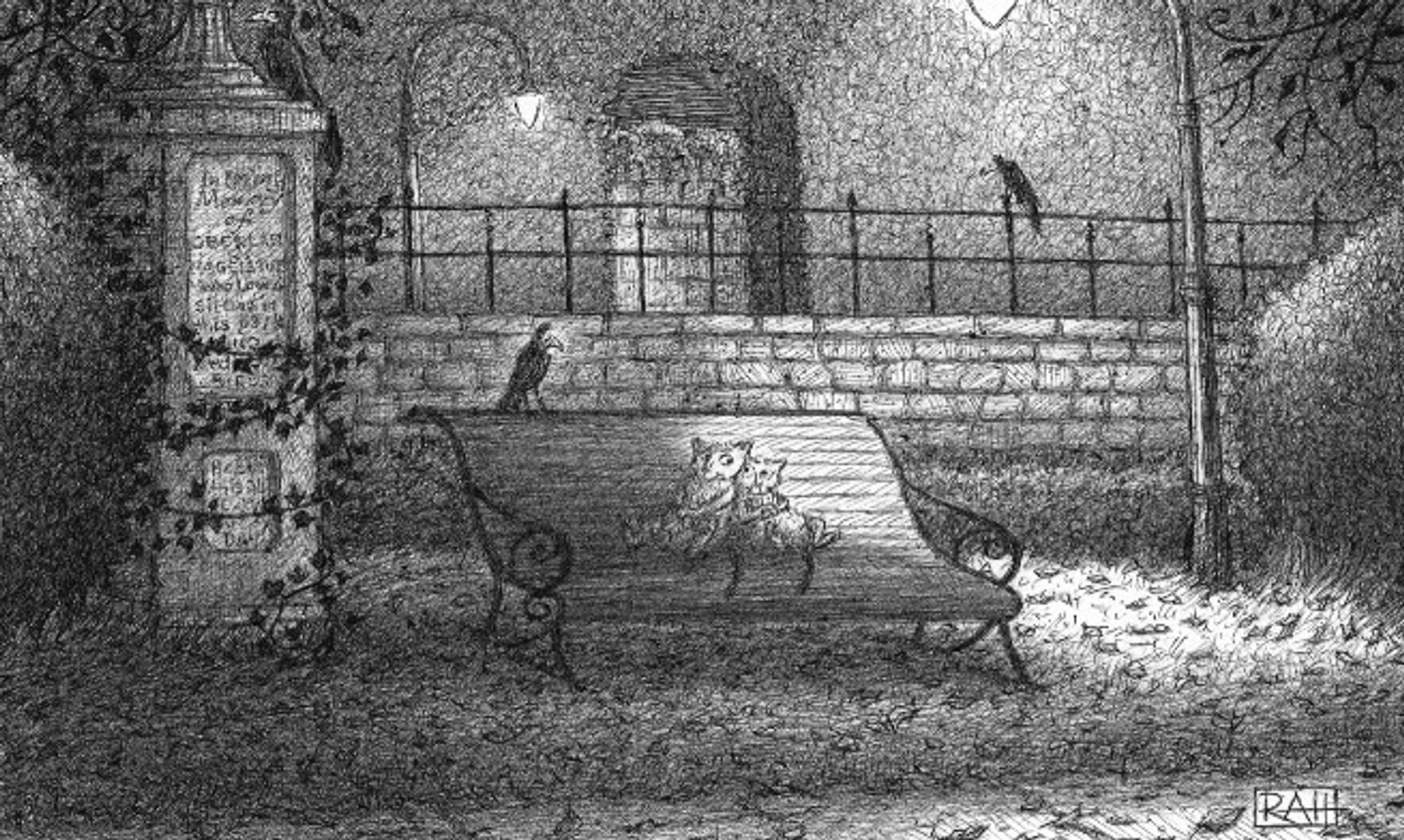 The scene is an old European park at night: in the middle foreground two cute cats are snuggled together in the middle of a long park bench. The bench is partially illuminated by light from a lamppost. The background is populated by an old stone wall, an ivy covered monument, and hedges. Curious black birds are placed throughout the scene. The drawing is made with dip pen & ink in a fine crosshatching technique. Very atmospheric.