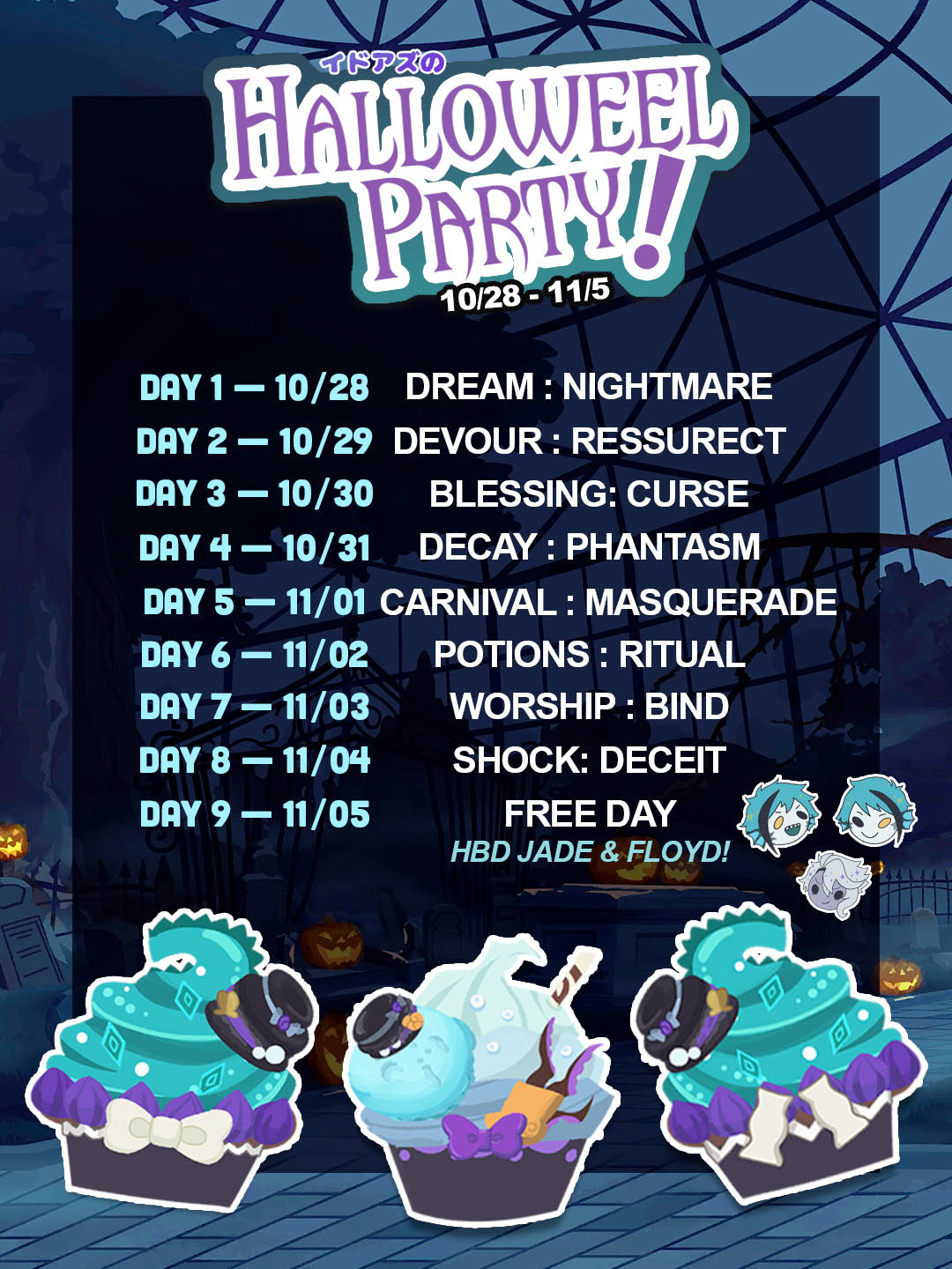 PROMPTS: 

DAY 1 - 10/28: Dream / Nightmare
DAY 2 - 10/29: Devour / Resurrect
DAY 3 - 10/30: Blessing / Curse 
DAY 4 - 10/31: Decay / Phantasm 
DAY 5 - 11/01: Carnival / Masquerade 
DAY 6 - 11/02: Potions / Ritual 
DAY 7 - 11/03: Worship / Bind
DAY 8 - 11/04: Shock / Deceit 
DAY 9 - 11/05: FREE DAY ! (HAPPY BIRTHDAY JADE AND FLOYD!)