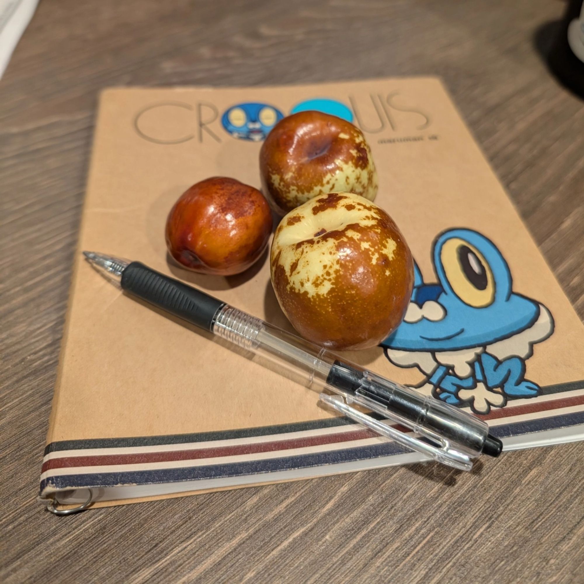 Three Jujube (Chinese date) sitting on a small notebook with a picture of a Froakie (Pokémon) on the front. A pen is included as a size reference.

The largest one is about the size of a golf ball whilst the smallest one is about the size of a walnut. They start out a pale yellow-green and turn more of a copper-brown as they ripen. These ones are a mottled mix of the two colours.