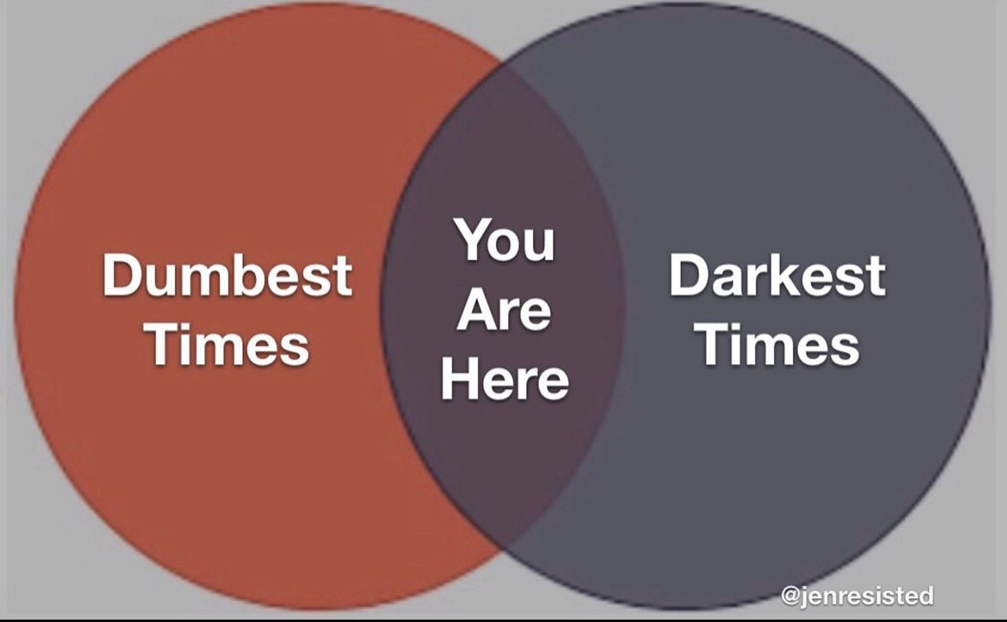 Venn Diagram with one circle that says dumbest times overlapping with another circle that says darkest times with “you are here” in the center