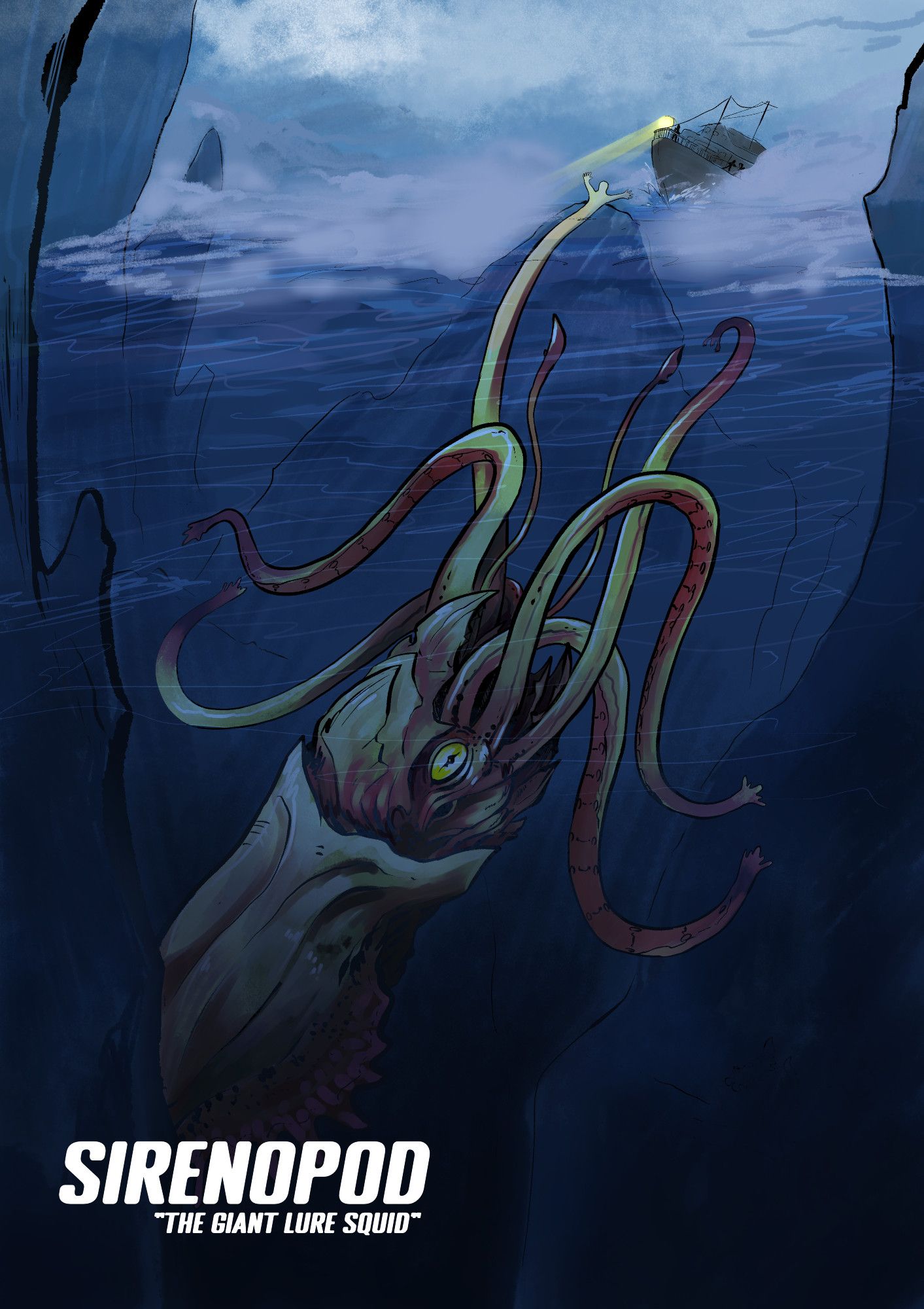 a giant squid creatures waving a humanoid shaped tentacle out of the water to attract a coming ship.