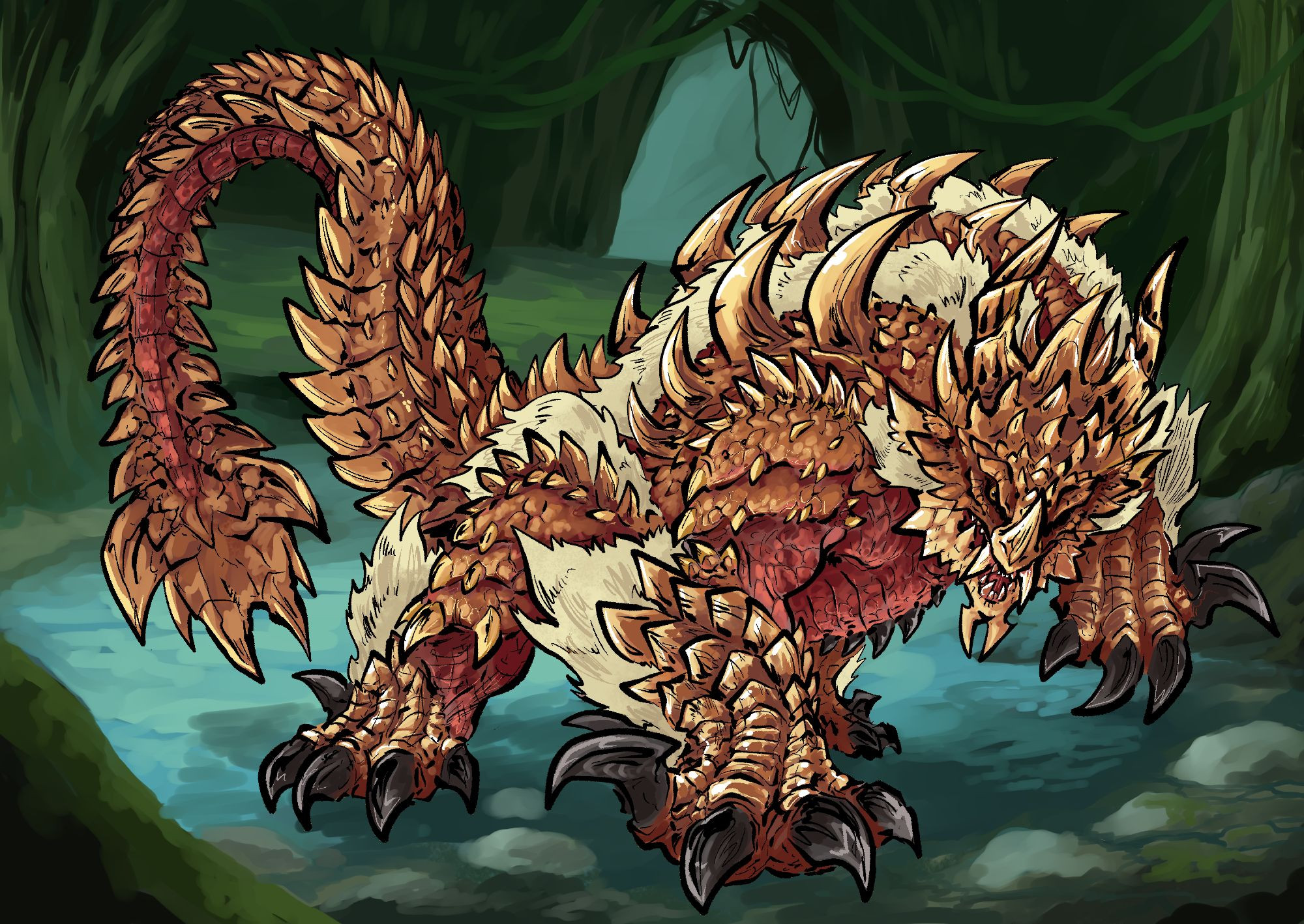 four legged monster with spikes and hair, its appearance a fusion of the kaiju anguirus and the monster zinogre 