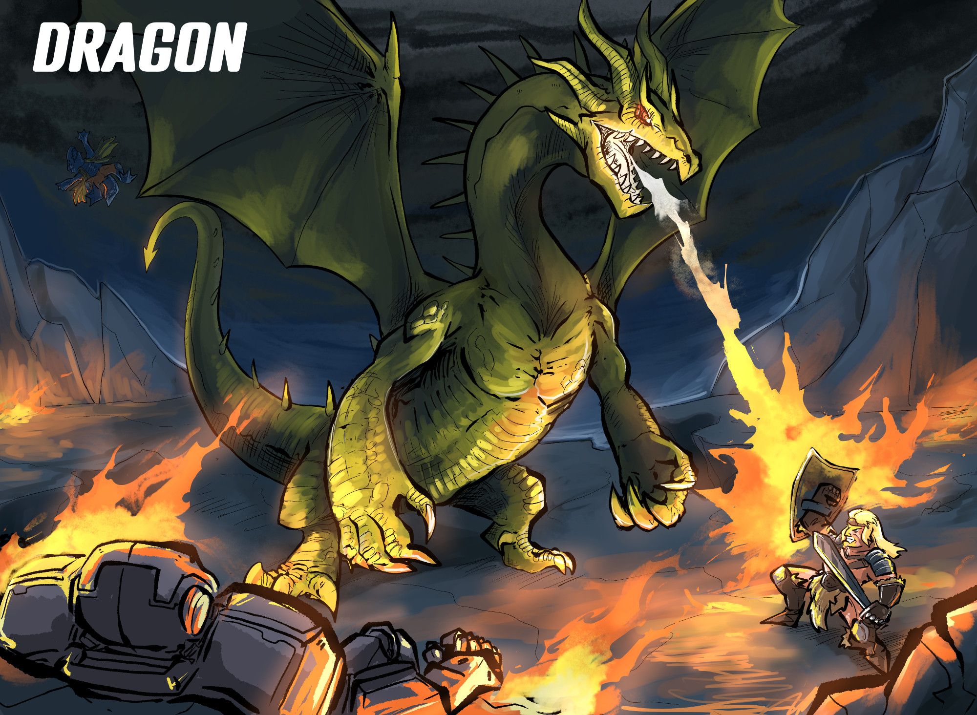 a dragon fighting heroes on a mountain, one blocking its flames with their shield and the others knocked out strewn around.