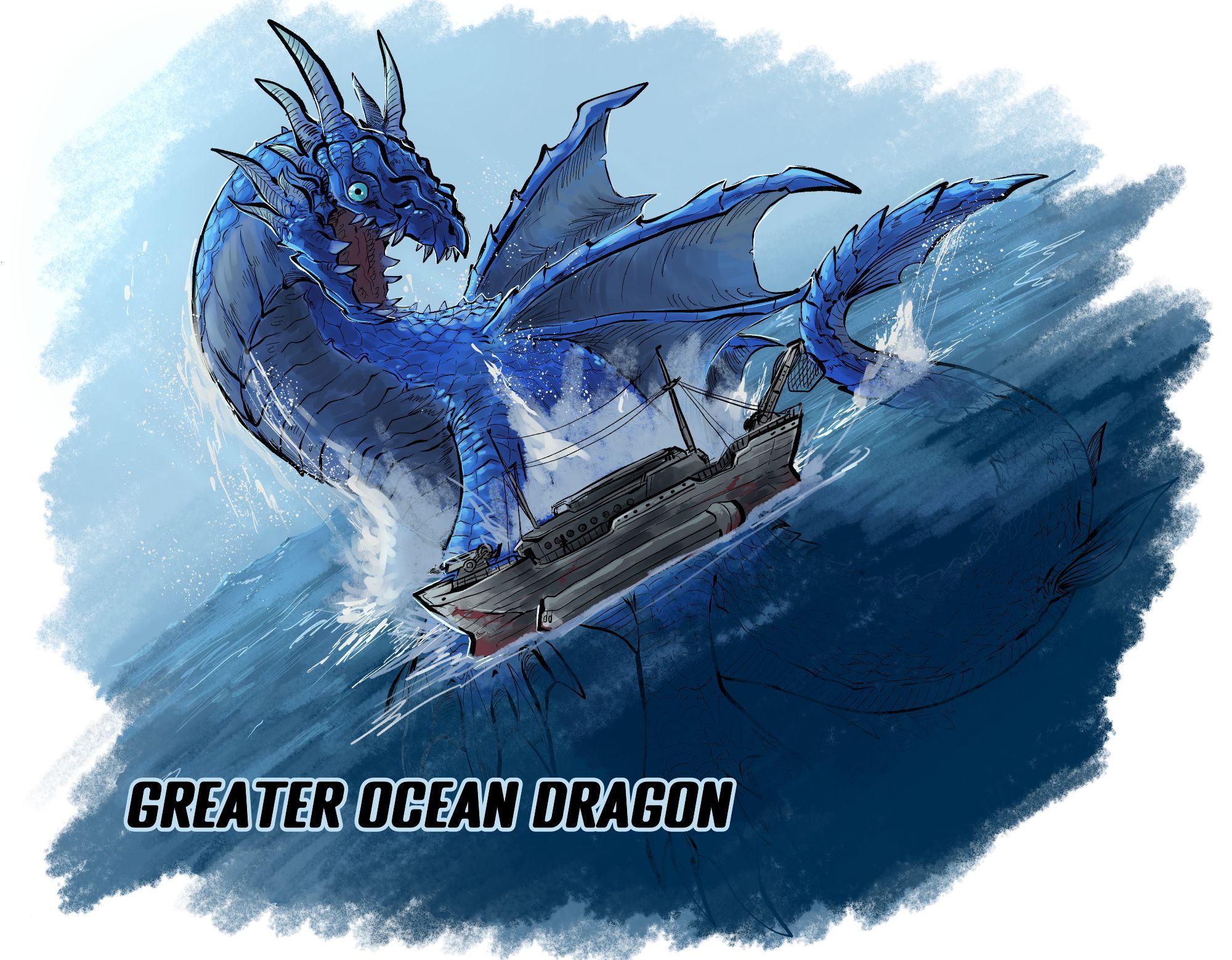 a giant mossasaur like dragon erupting out of the water next to a fishing vessel looking to investigate the ship.